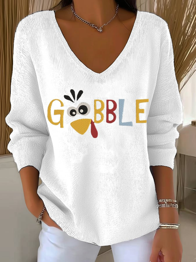 Turkey Gobble V-Neck Long Sleeve Funny Turkey Cartoon Apparel Thanksgiving Ideal Gifts