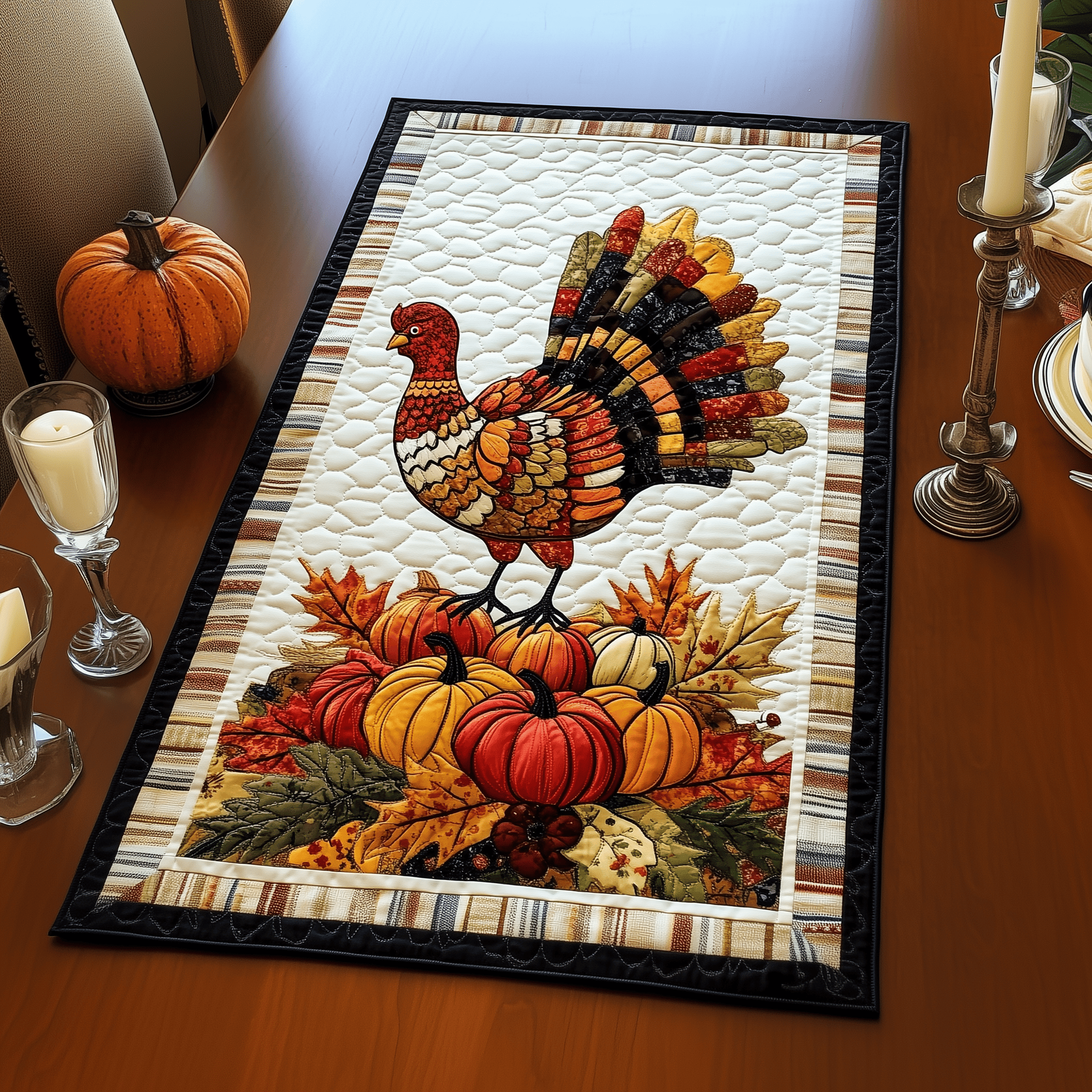Turkey Quilted Table Runner Decorations Thanksgiving Holiday Dining Table Runner Presents