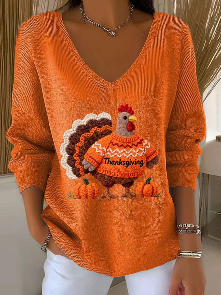 Turkey Thankful V-Neck Long Sleeve Sweatshirt Thanksgiving Merch Presents For Turkey Lovers
