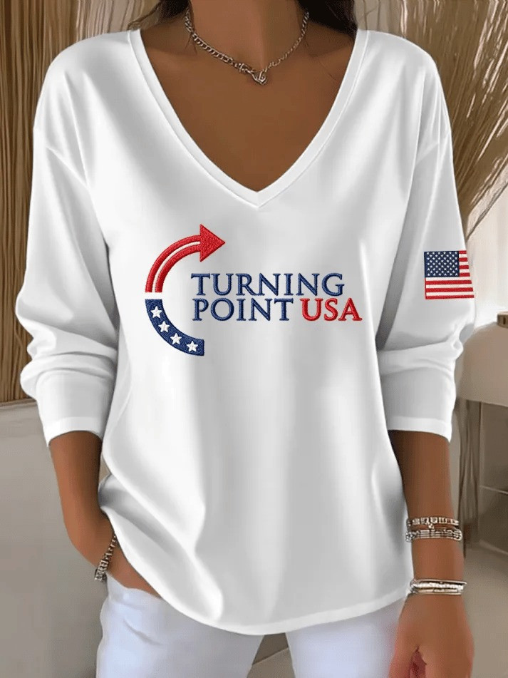 Turning Point USA V-Neck Long Sleeve T-Shirt RIP Charlie Kirk Shirt Turning Point USA Clothing