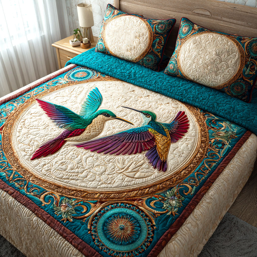 Turquoise Duo Quilted Bedding Set Cozy Bedroom Decor Birthday Gifts For Hummingbird Lovers
