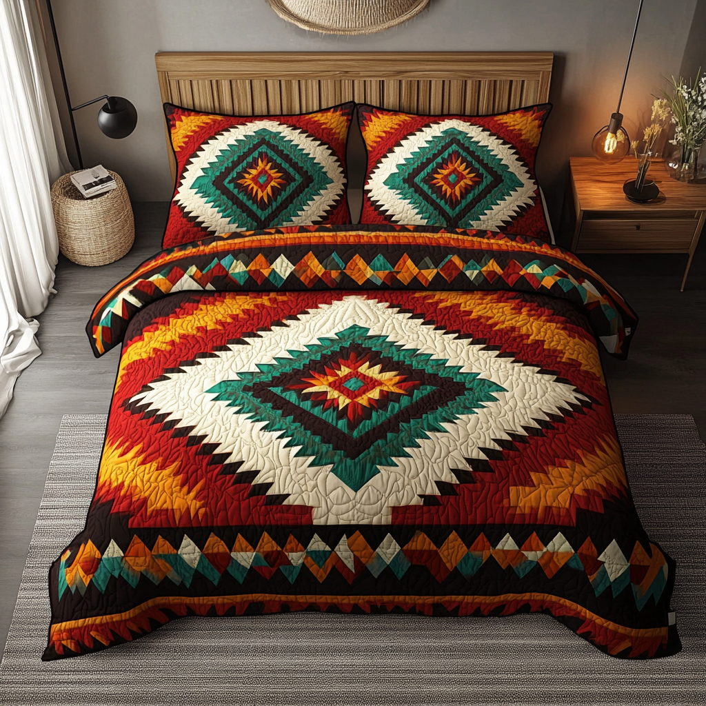 Turquoise Horizon Quilted Bedding Set Aesthetic Room Decor Native American Gifts For Men Women