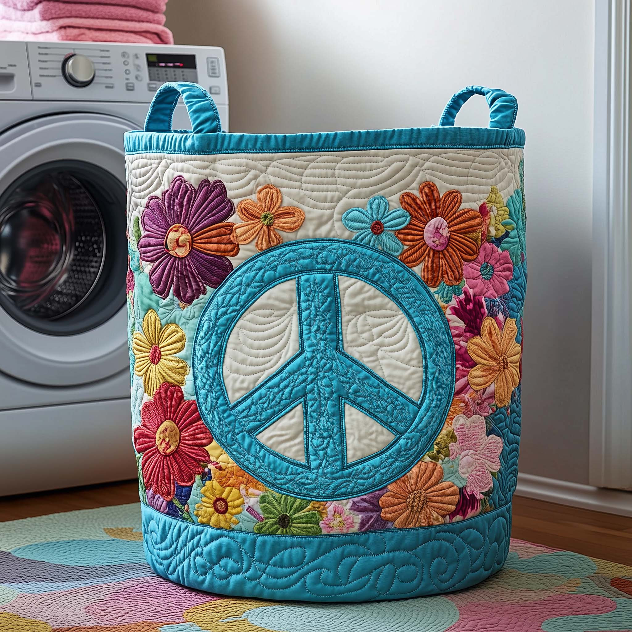 Turquoise Peace Quilted Laundry Basket Hippie Home Decor Flower Lover Gift Ideas