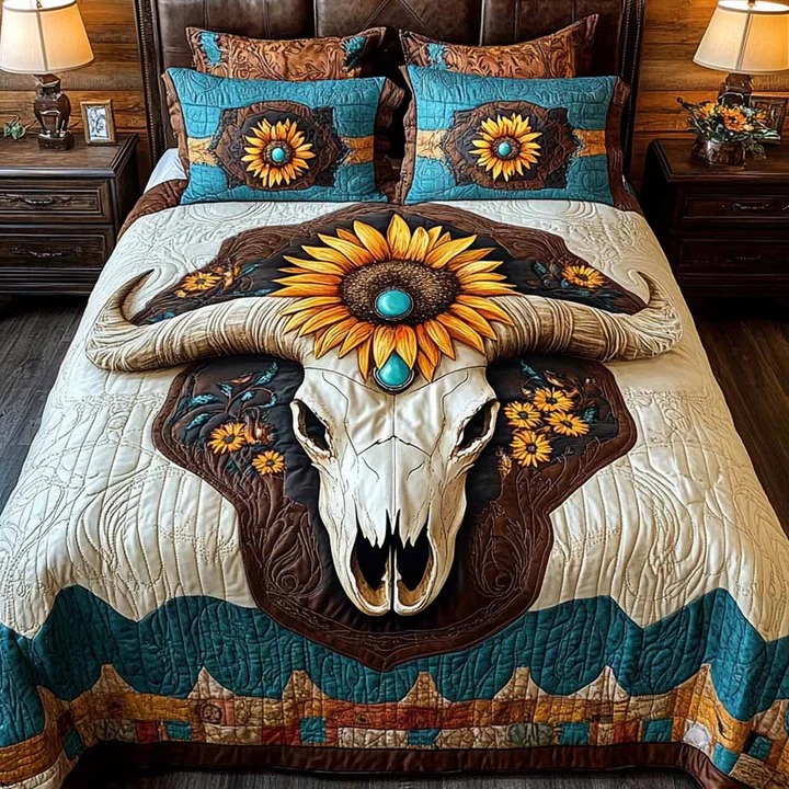 Turquoise Ranch Quilted Bedding Set Western Bedroom Decor Cozy Gift For Cowboy Lovers