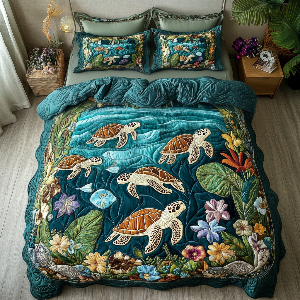 Turtle Adventure Quilted Bedding Set Bed Room Decoration Sea Turtle Gifts For Her
