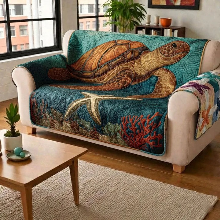 Turtle Bay Quilted Sofa Cover Ocean Coastal Turtle Furniture Protector Best Gift For Turtle Lovers