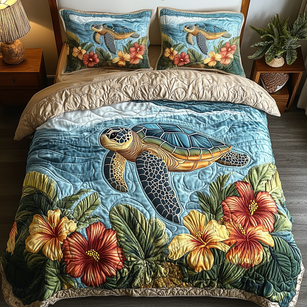 Turtle Bloom Quilted Bedding Set Aesthetic Room Decor Sea Turtle Gifts For Him