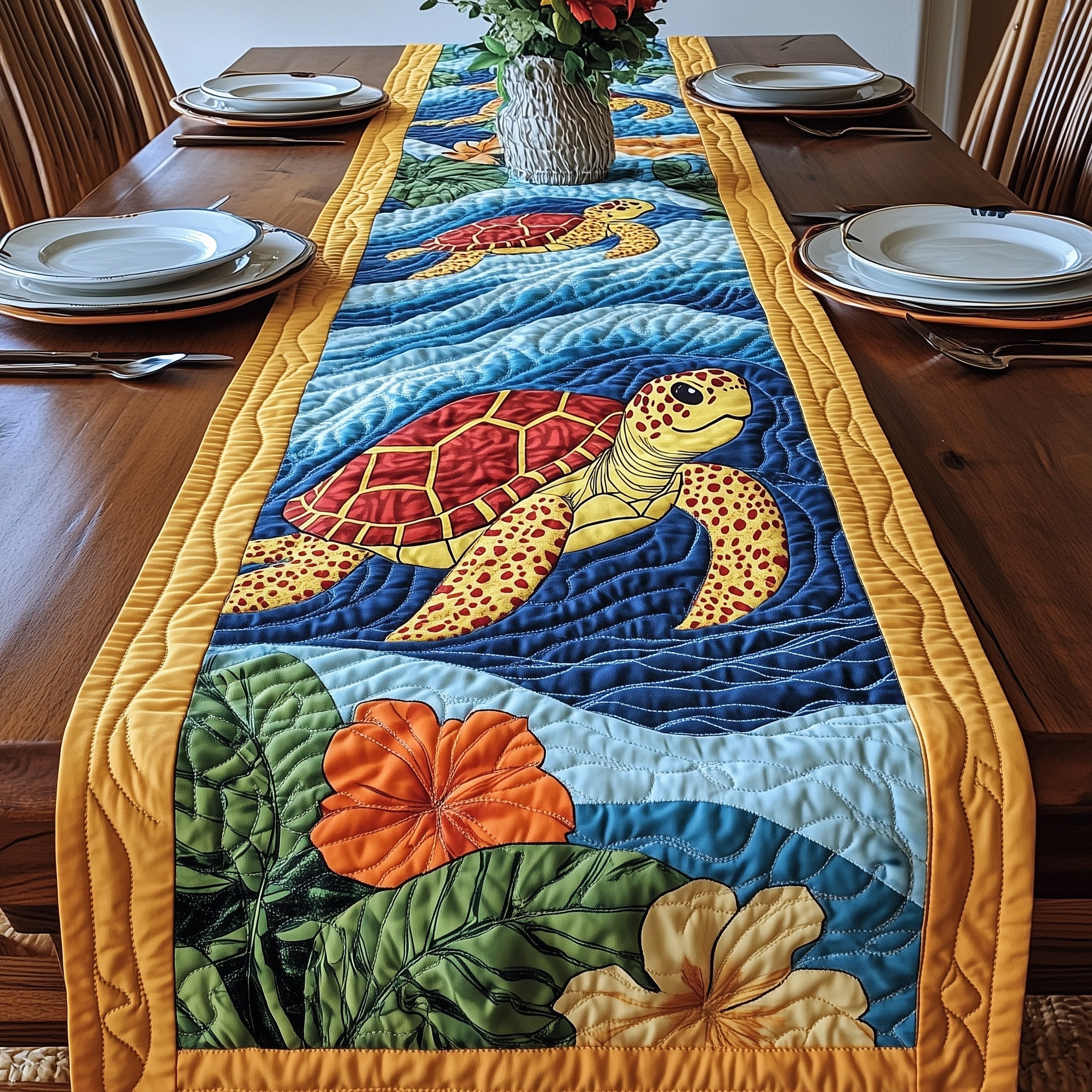 Turtle Charm Quilted Table Runner Christmas Table Runner