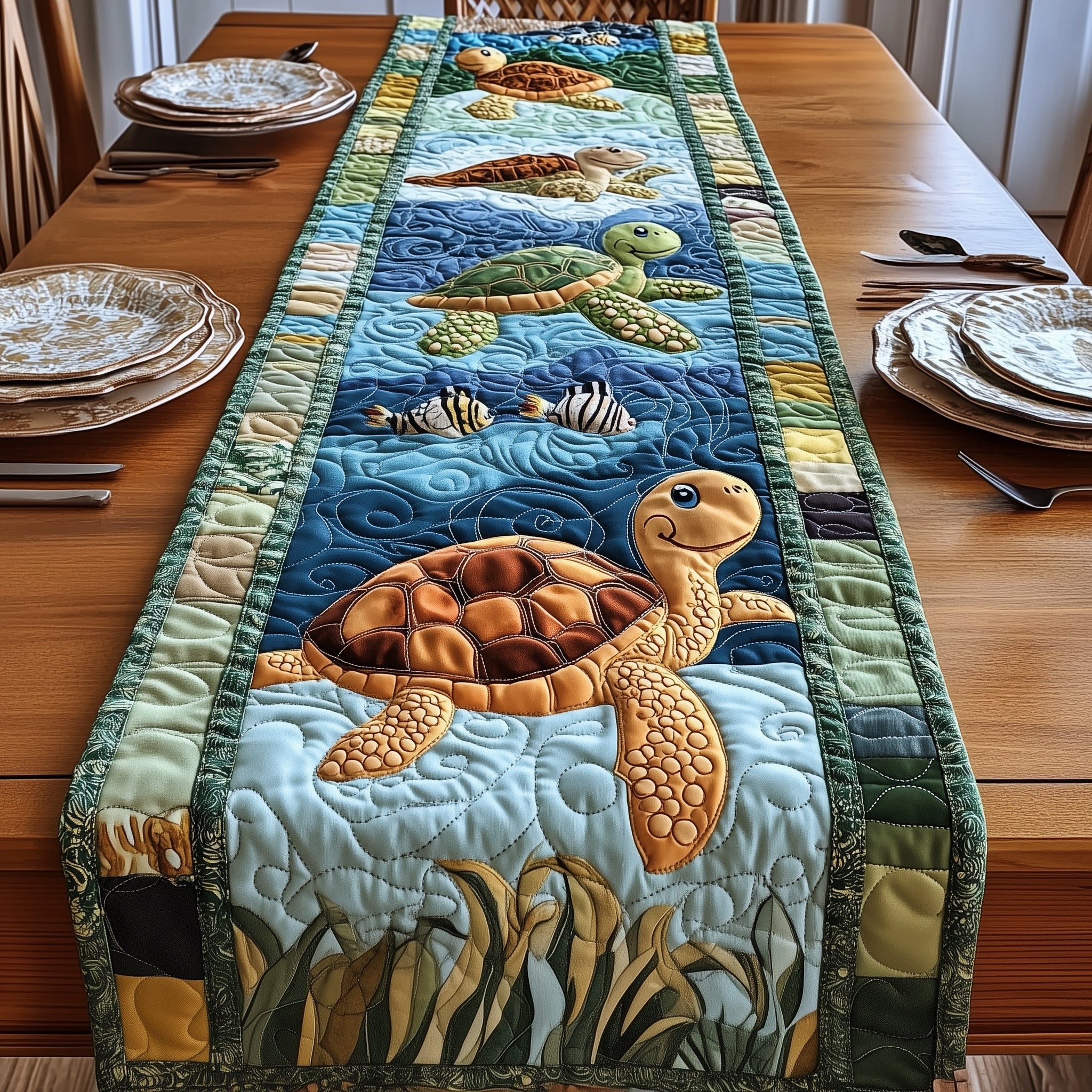 Turtle Charm Quilted Table Runner Cozy Christmas Table Runner