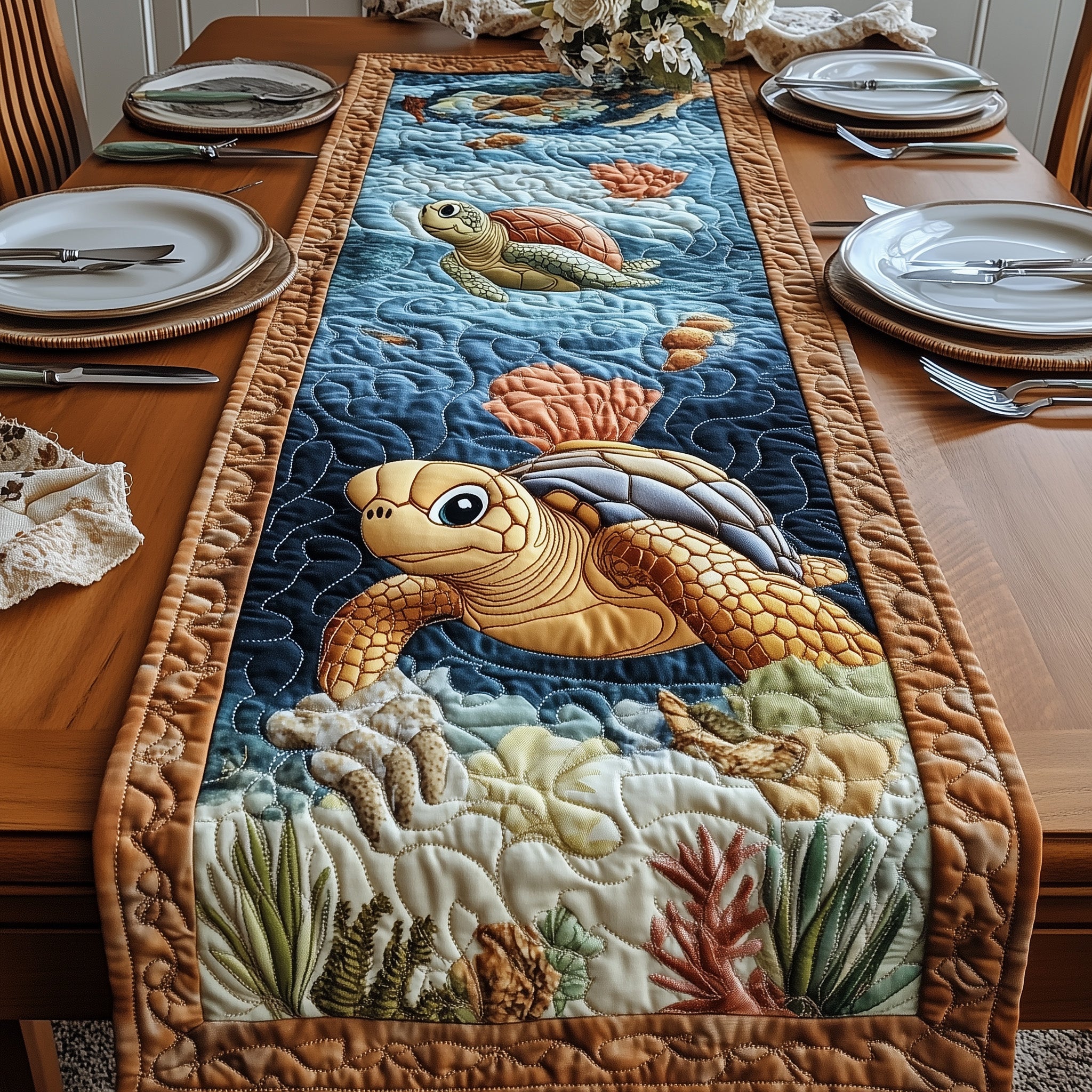 Turtle Charm Quilted Table Runner Holiday Season Table Runner
