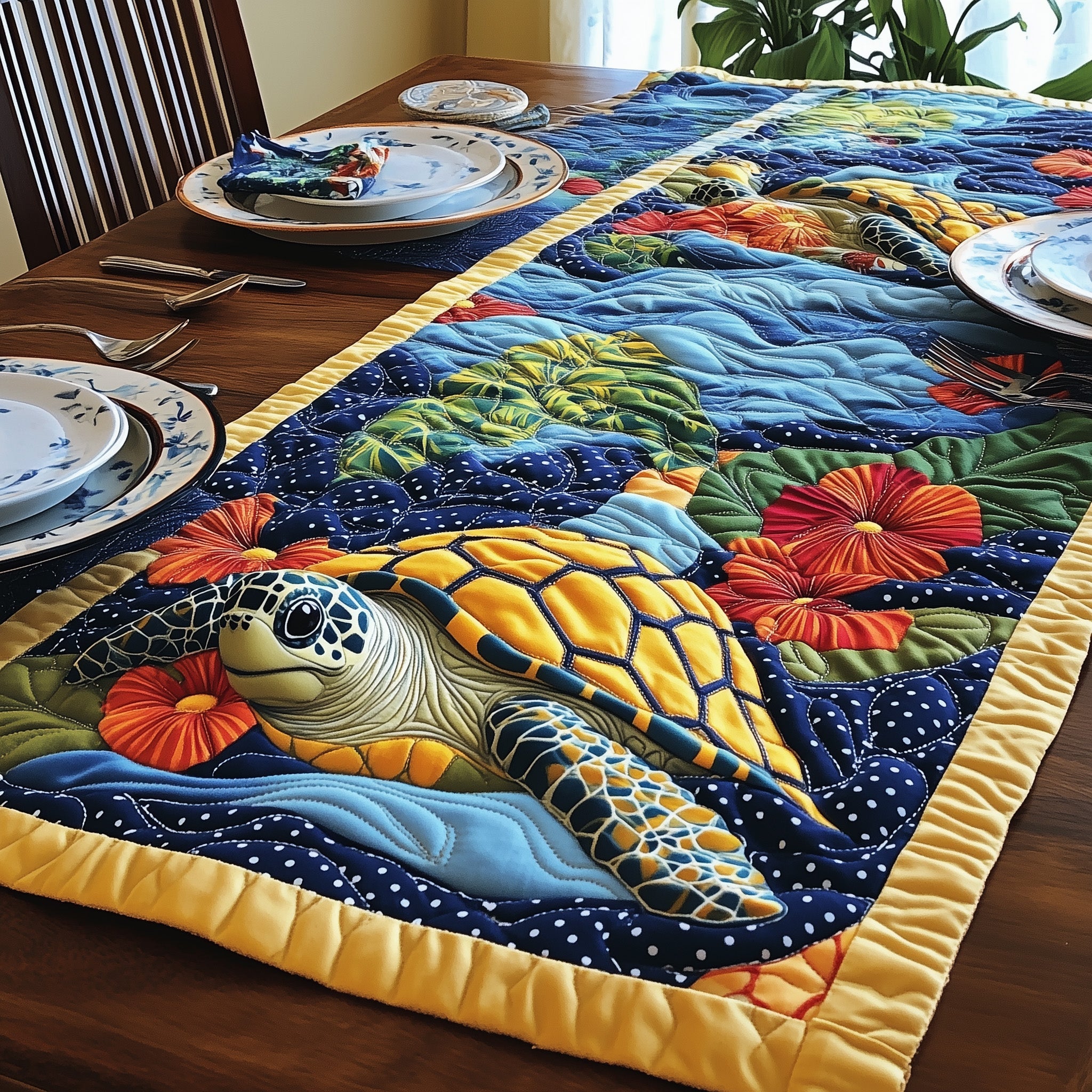 Turtle Charm Quilted Table Runner Holiday Table Runner Decoration