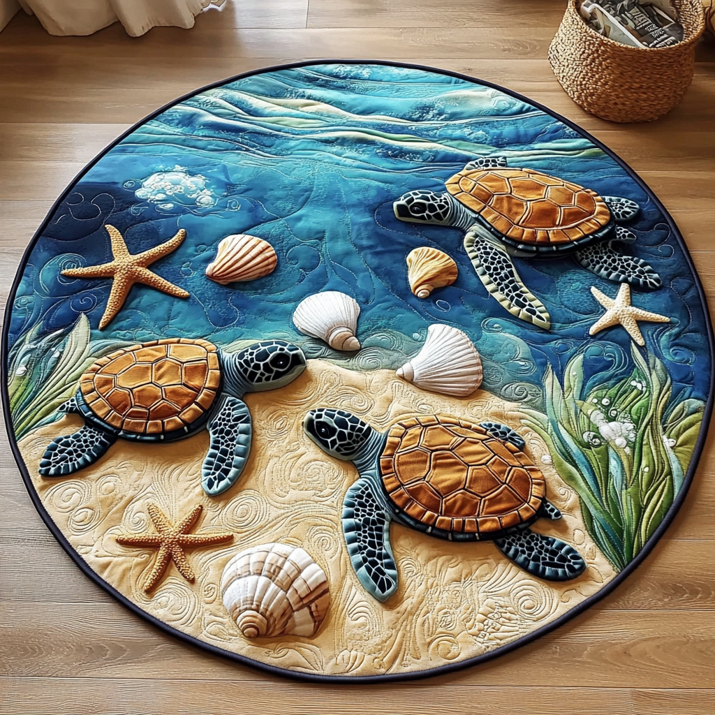 Turtle Coral Garden Quilted Round Mat Foyer Christmas Decor Sea Turtle Stuff