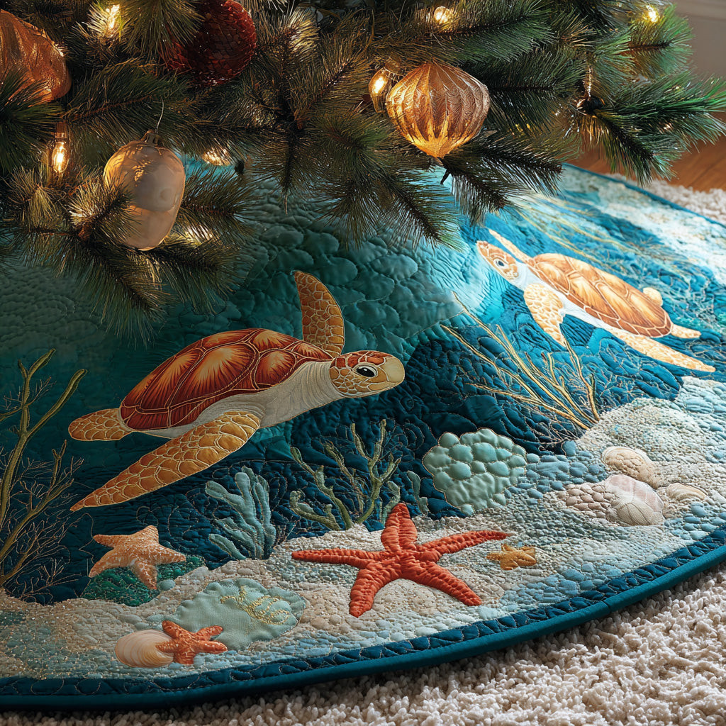 Turtle Coral Voyage Christmas Quilted Tree Skirt Home Decor Christmas Gift For Turtle Owners
