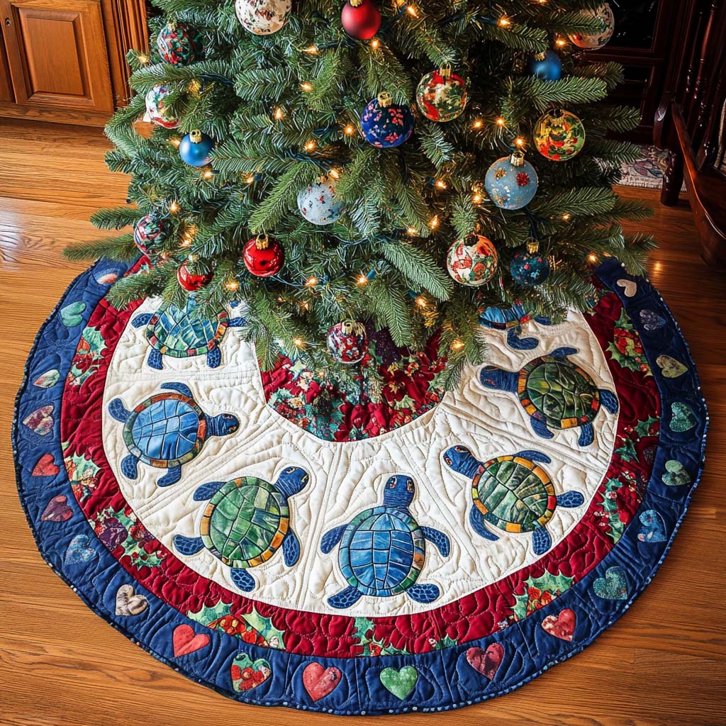 Turtle Delight Christmas Quilted Tree Skirt Trending Christmas Tree Skirt Merch 2025