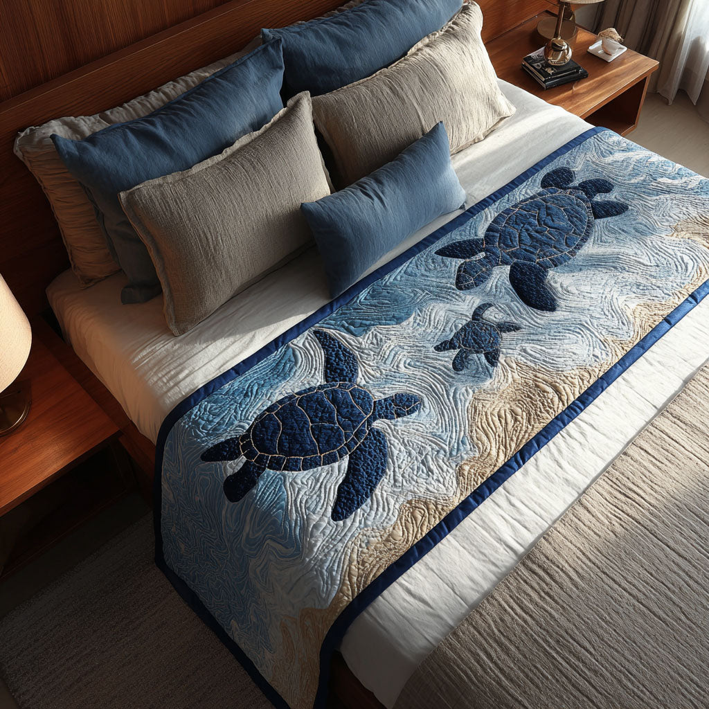 Turtle Dreams Quilted Bed Runner Cozy Bedroom Decor Unique Sea Turtle Gifts