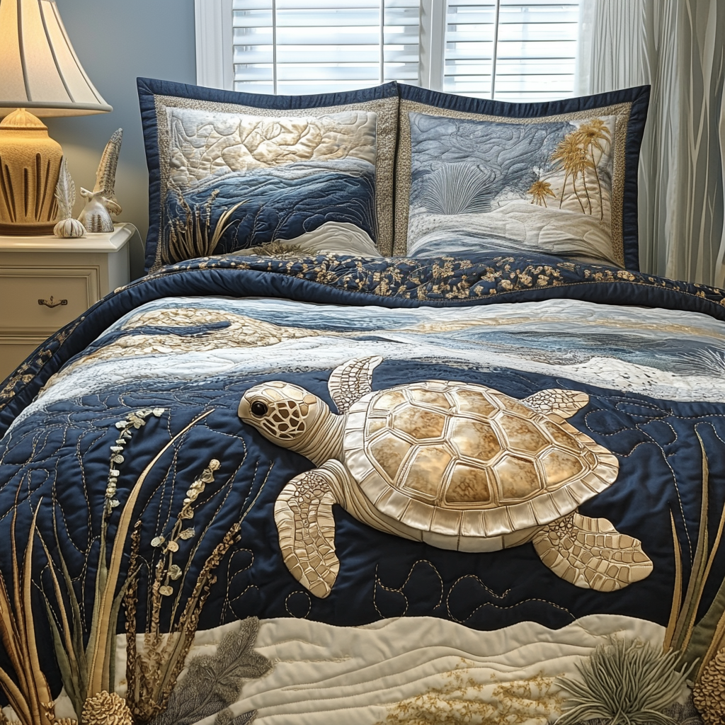Turtle Drift Quilted Bedding Set Bed Room Decoration Sea Turtle Gift Ideas For Her