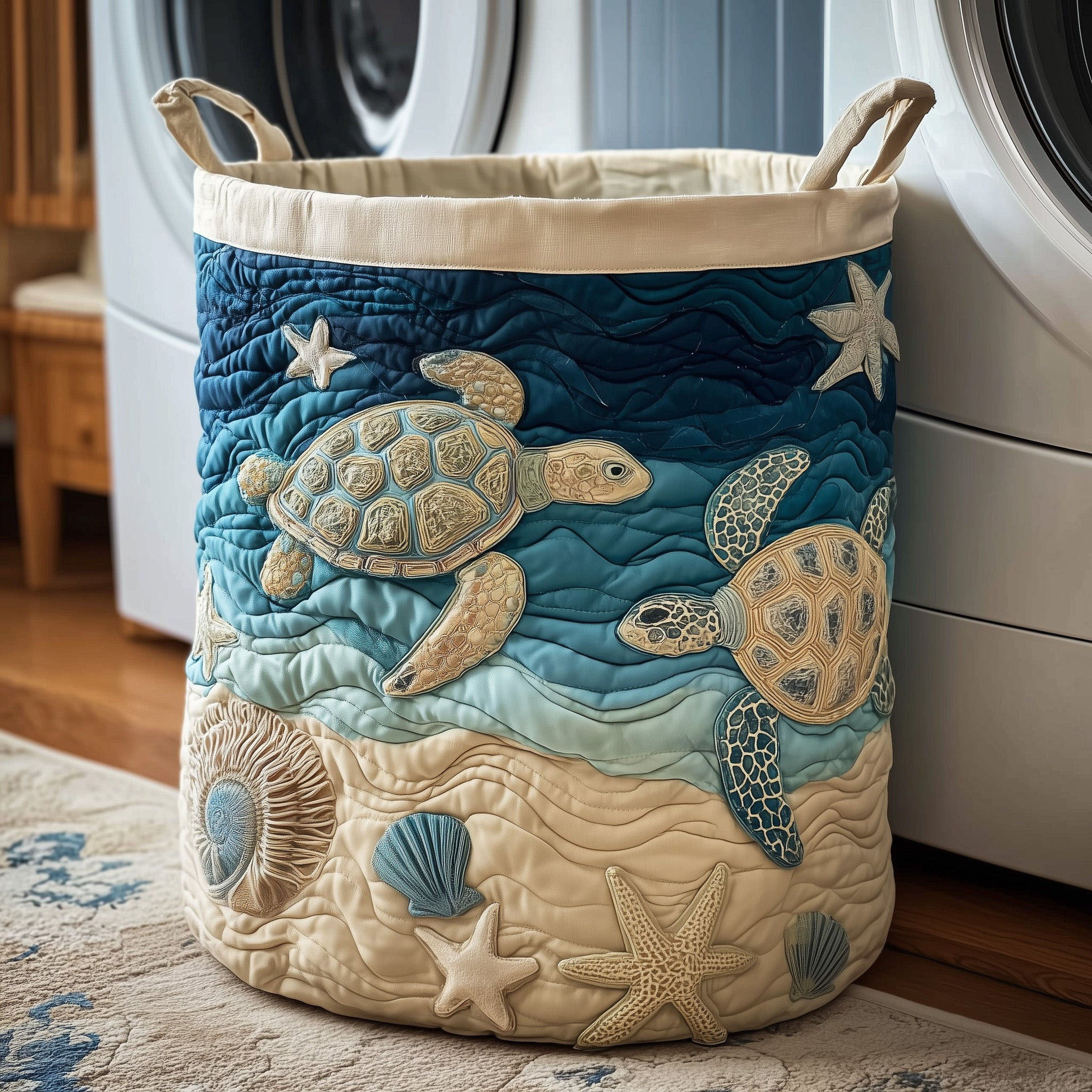 Turtle Drift Quilted Laundry Basket Ocean Vibe Natural Home Decor Turtle Lover Gifts