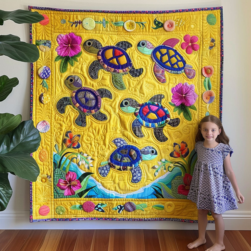 Turtle Flower Waves Quilted Blanket Turtle Gifts For Adults