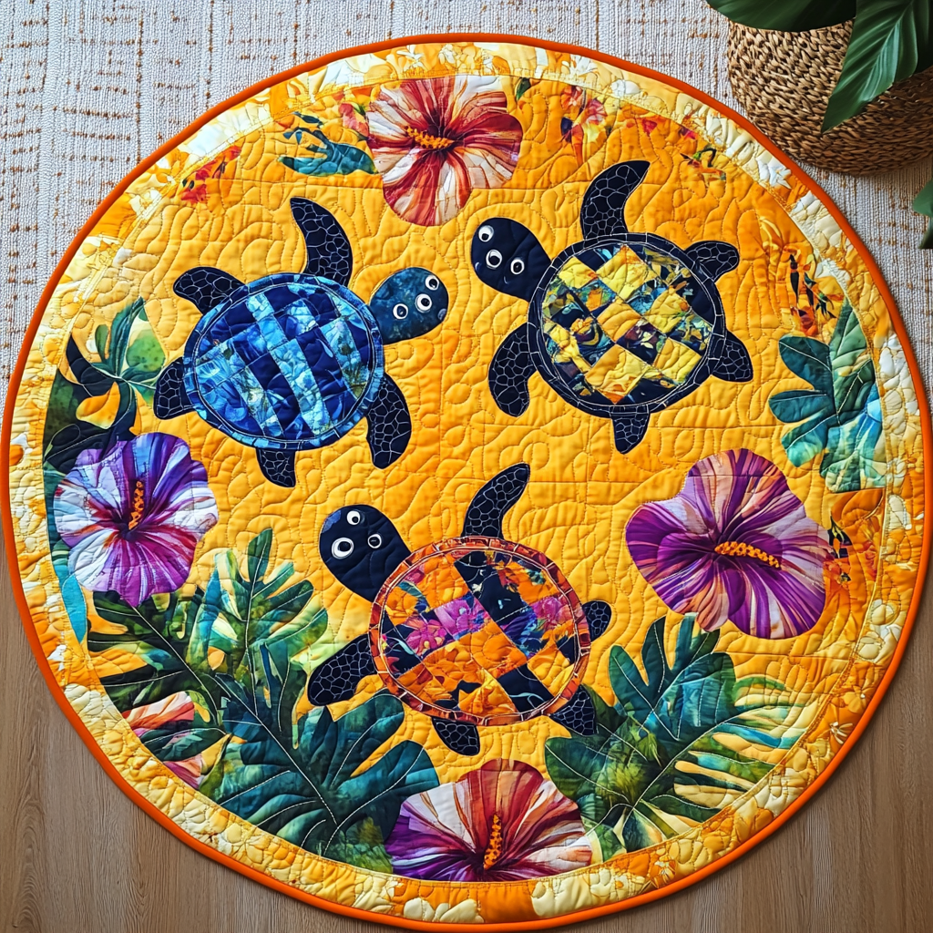 Turtle Harmony Quilted Round Mat Outdoor Decor Gift Ideas For Sea Turtle Lovers