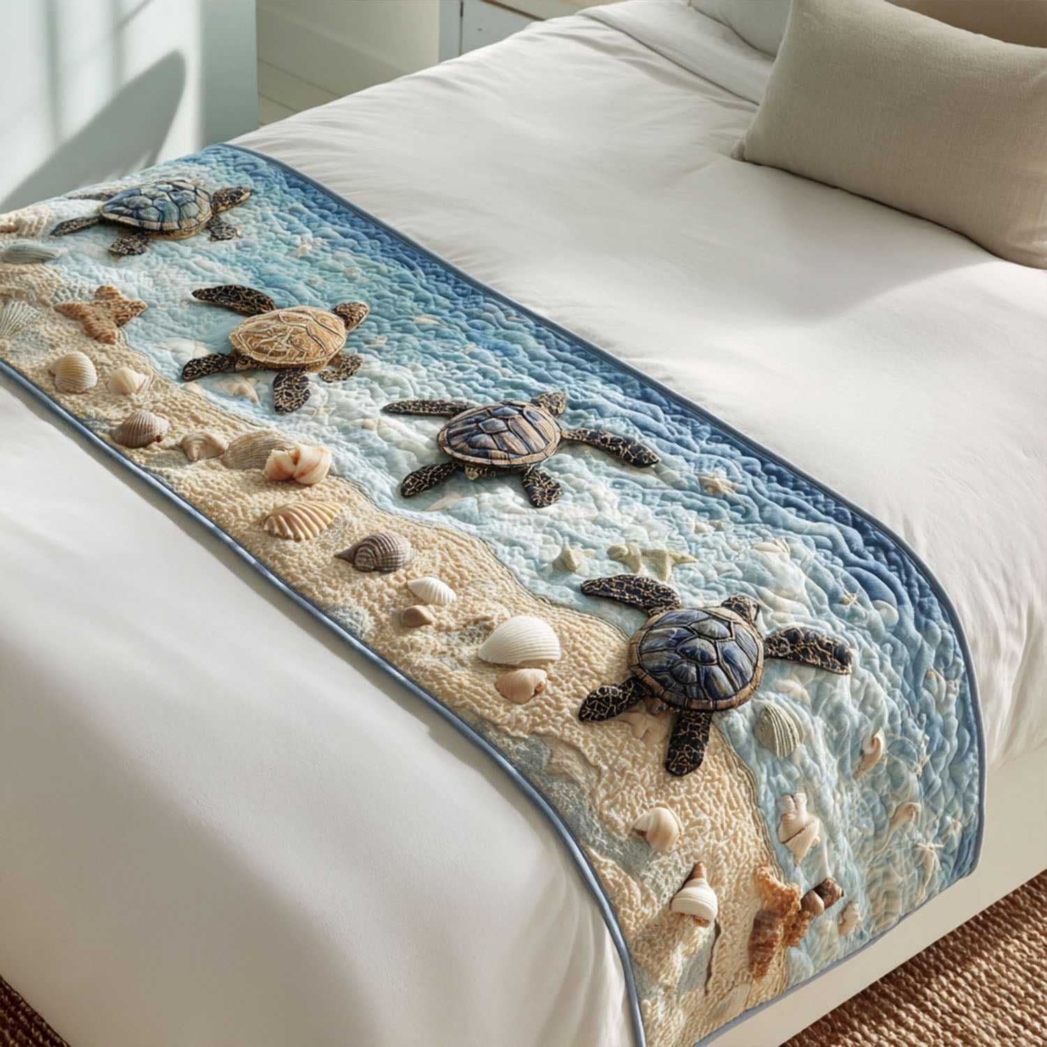Turtle Haven Bay Quilted Bed Runner Bedroom Decor Gift Ideas For Sea Turtle Lovers