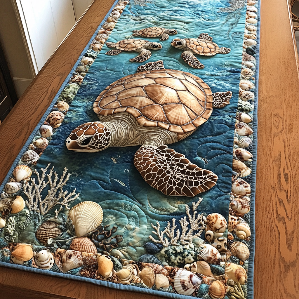 Turtle Haven Quilted Table Runner Dining Room Table Runner Decor Gifts With Turtles On Them