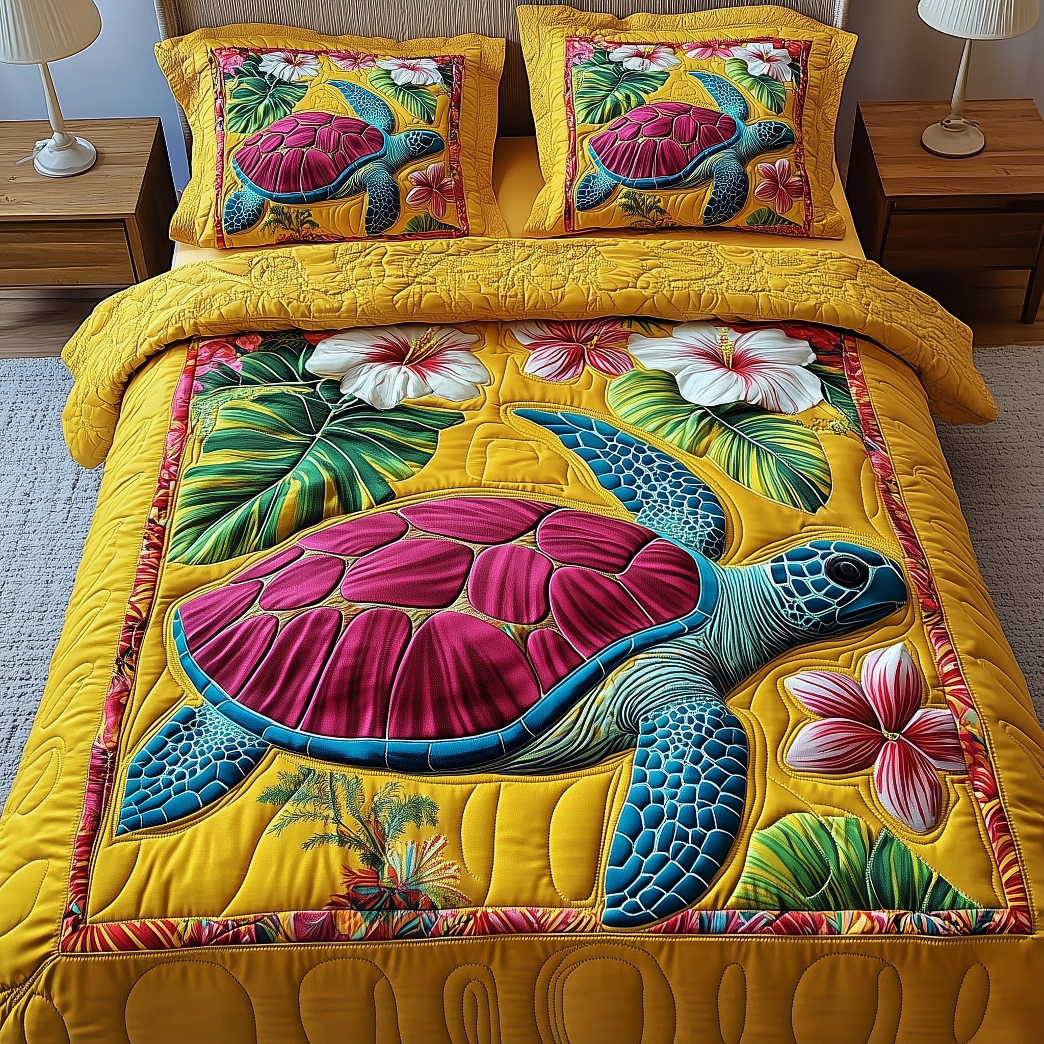 Turtle Island Escape Quilted Bedding Set Tropical Plants Design Best Sea Animal Bedding Gifts