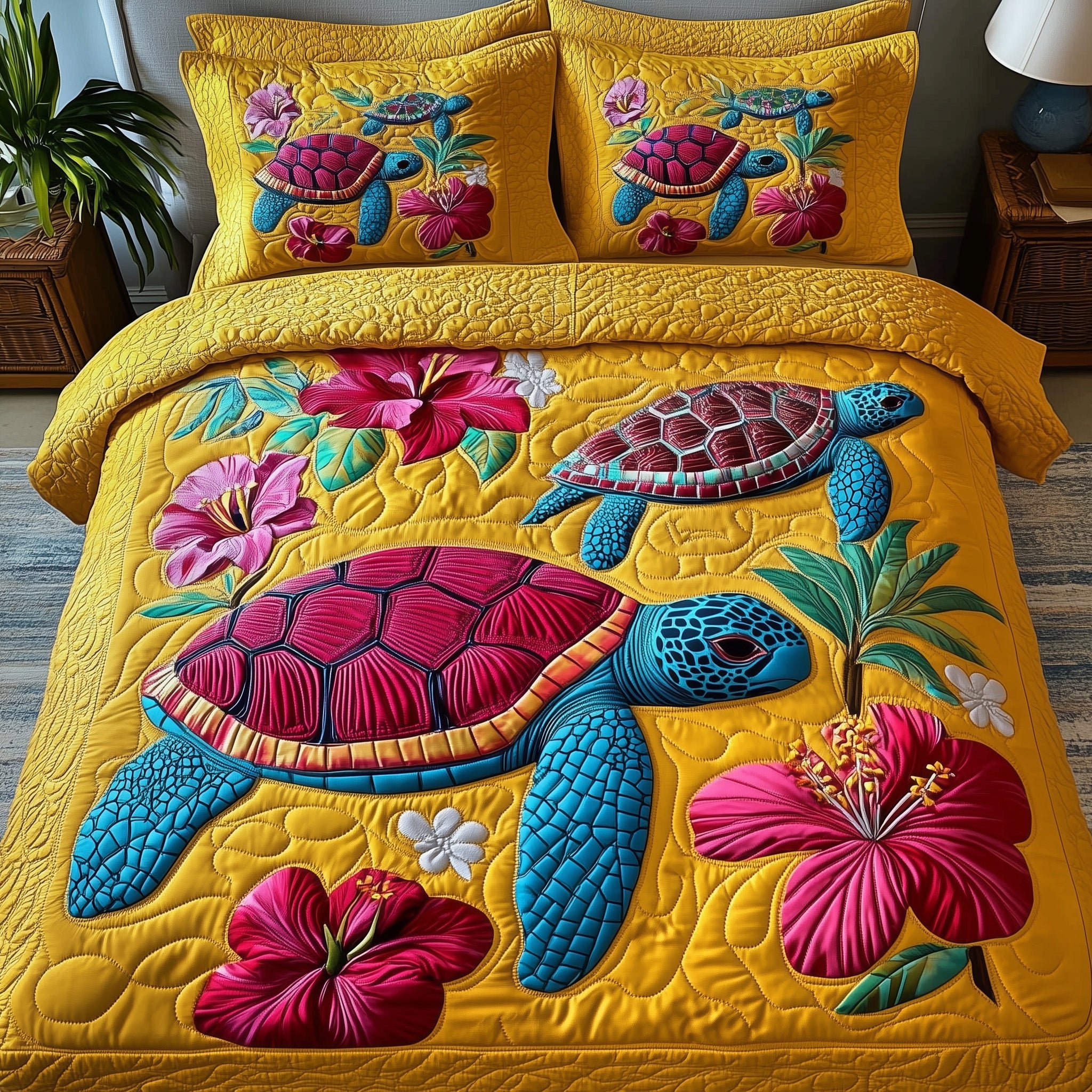 Turtle Island Escape Quilted Bedding Set Tropical Plants Design Exotic Marine Life Bedding Gift