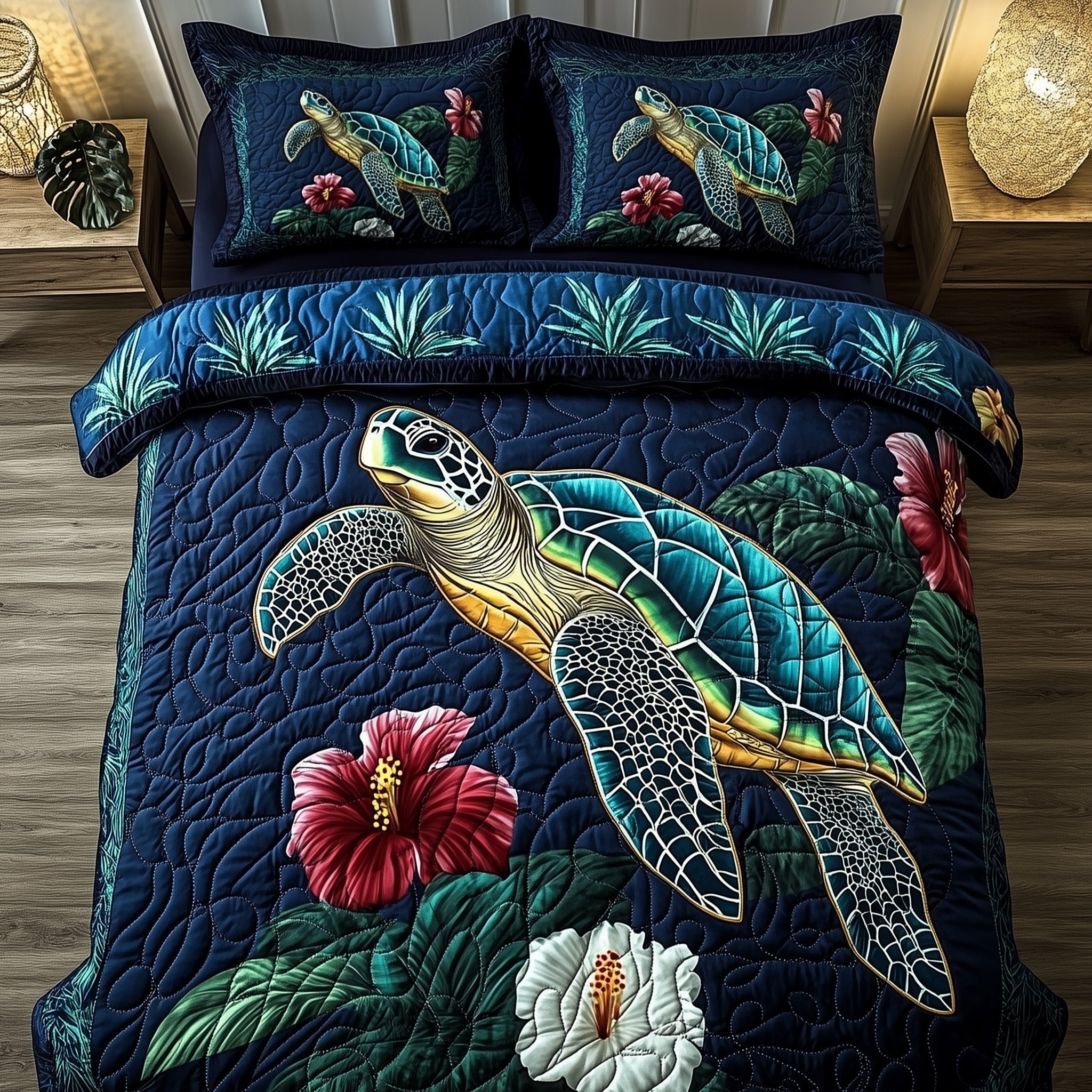 Turtle Island Escape Quilted Bedding Set Tropical Plants Design Exotic Marine Life Gifts