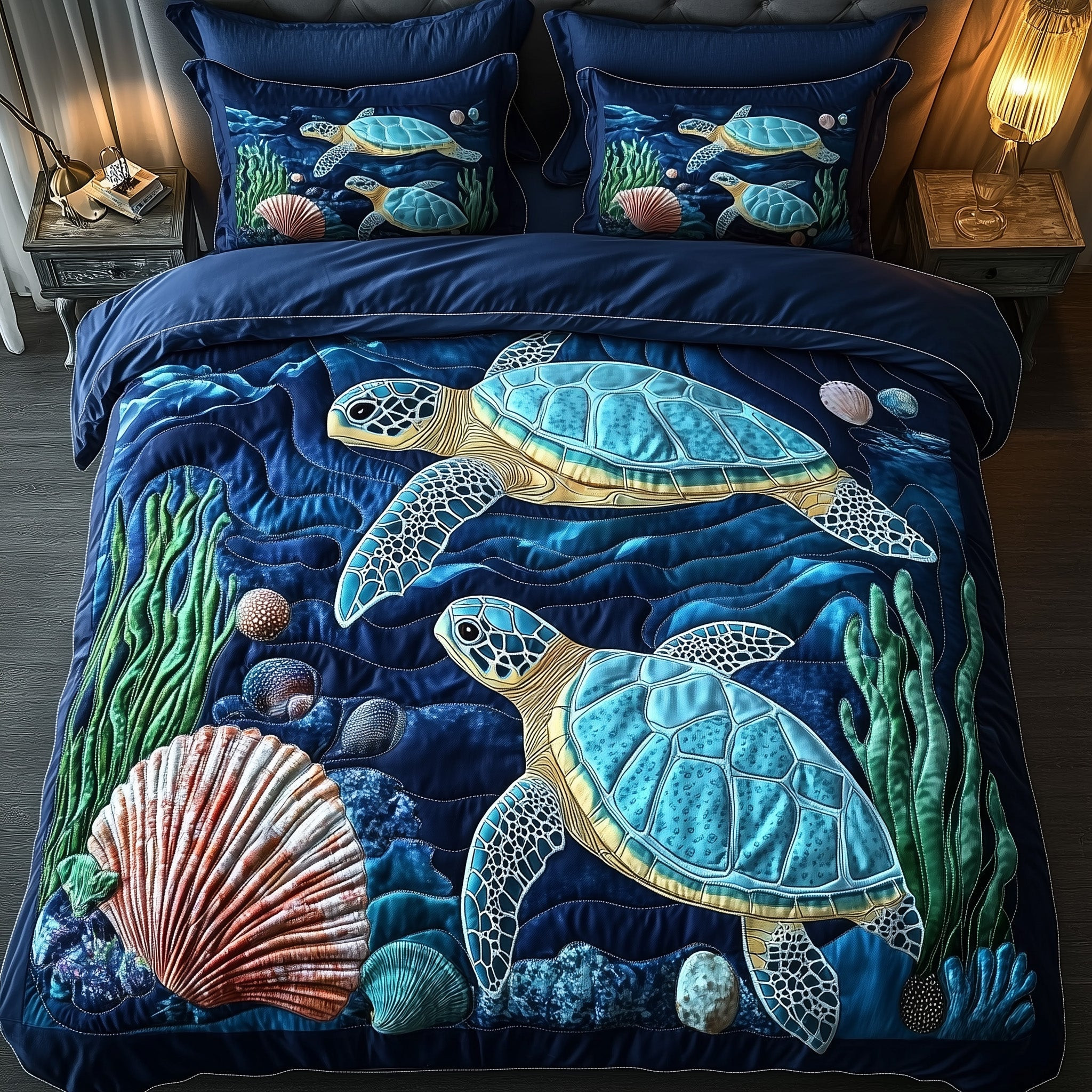 Turtle Island Escape Quilted Bedding Set Underwater Design Bedding Exotic Marine Life Gifts