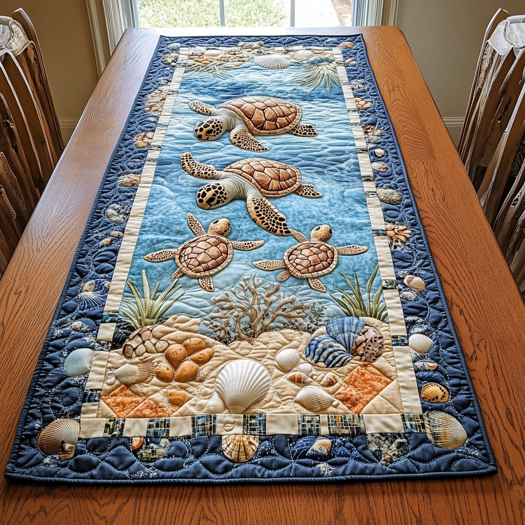 Turtle Journey Quilted Table Runner Ocean Themed Table Runners Sea Turtle Themed Gifts