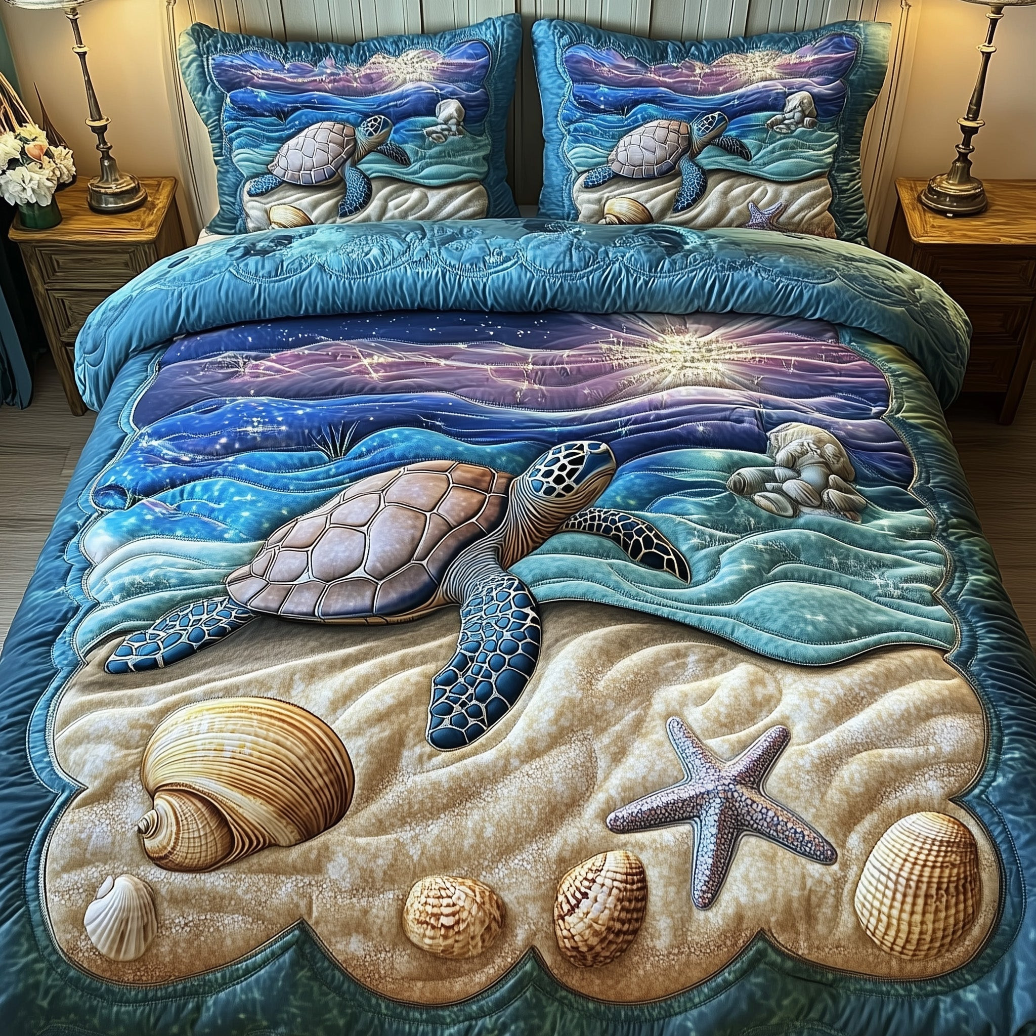 Turtle Ocean Journey Quilted Bedding Set Coastal Animal Decor Best Turtle Theme Bedding Gifts