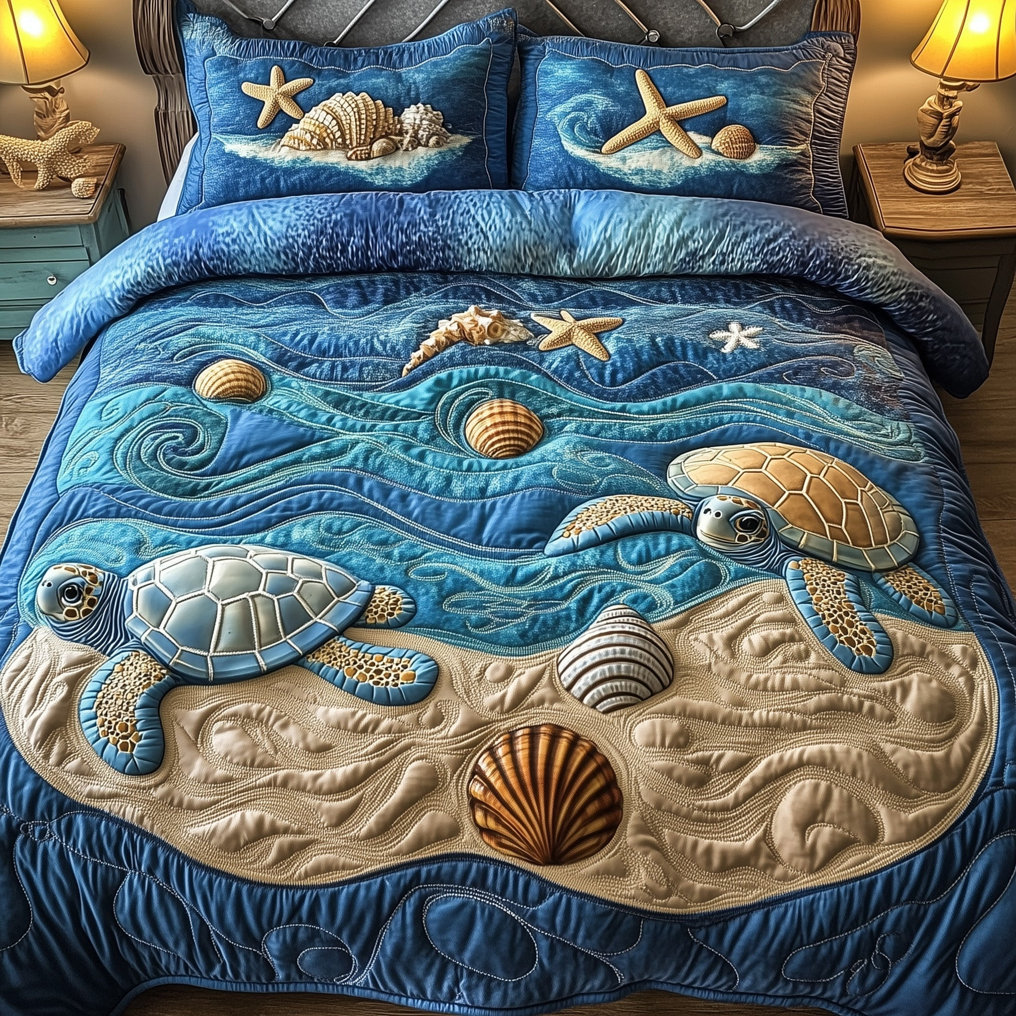 Turtle Ocean Journey Quilted Bedding Set Coastal Turtle Decor Best Sea Animal Bedding Gifts
