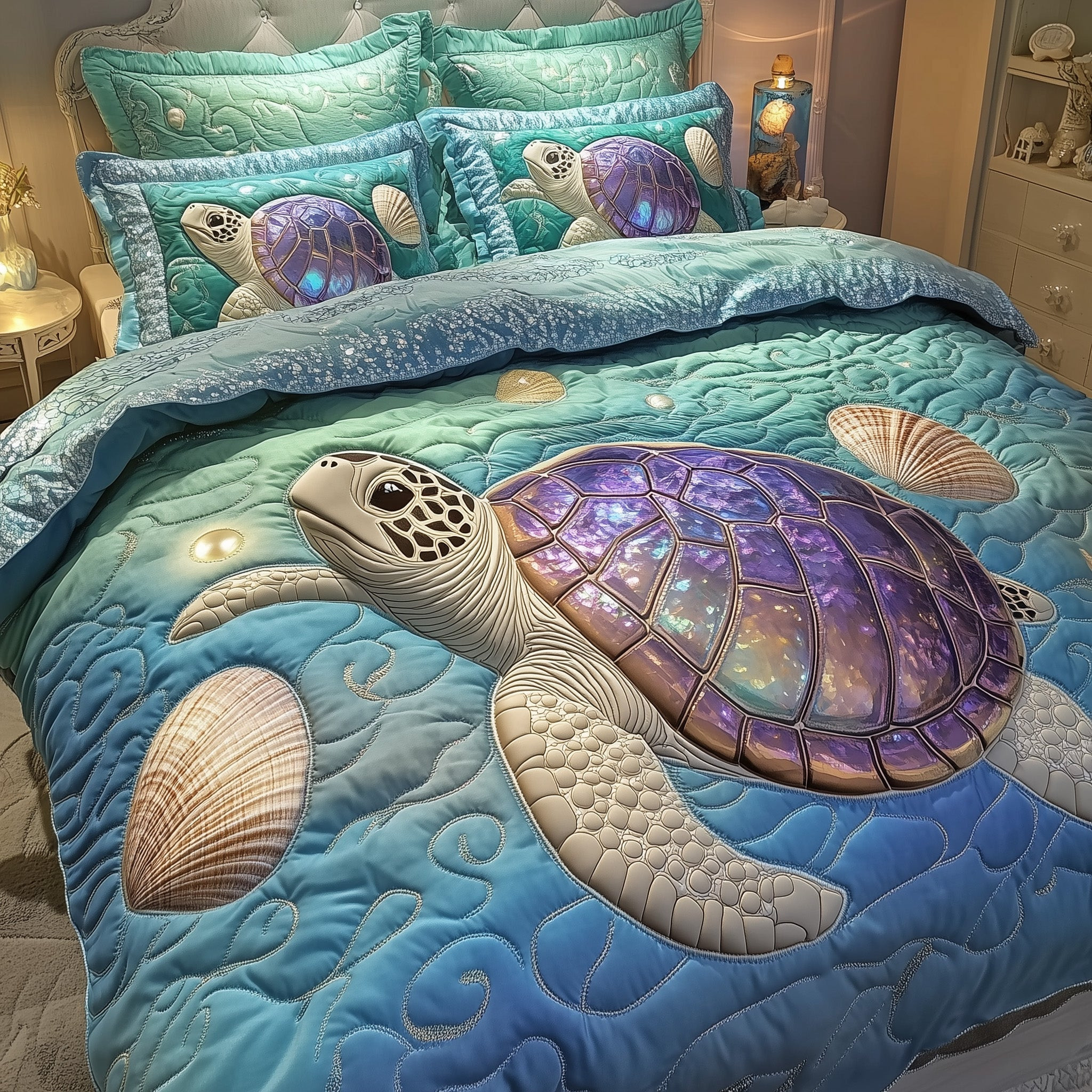 Turtle Ocean Journey Quilted Bedding Set Underwater Scene Art Underwater World Bedding Gifts