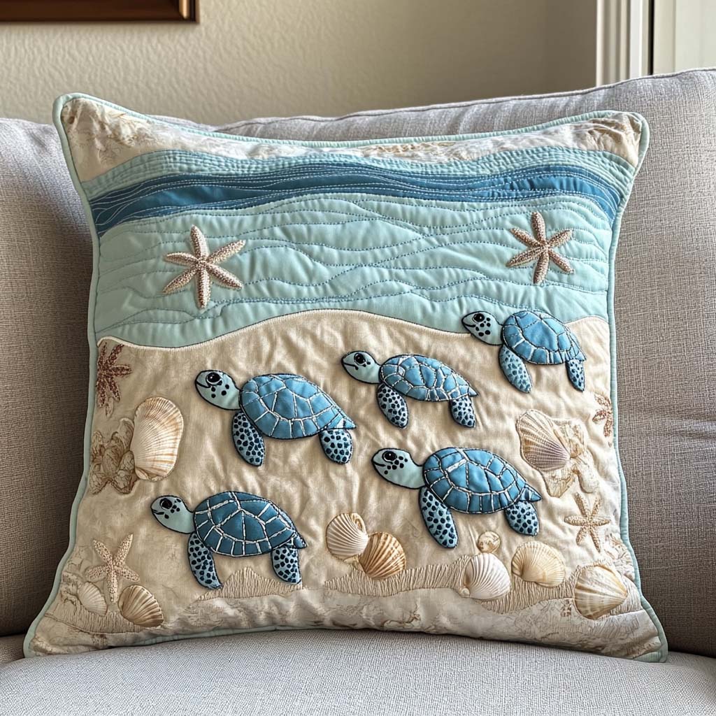 Turtle Ocean Waves Quilted Pillow Case Animal Themed Trendy Home Decor Gifts For Turtle Lover