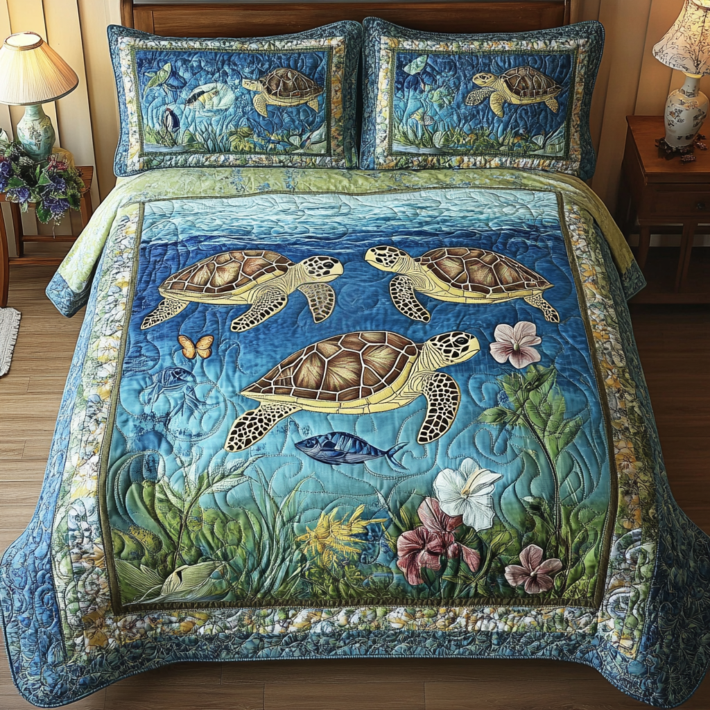 Turtle Paradise Quilted Bedding Set Cool Bedroom Decor Gift Ideas For Sea Turtle Lovers