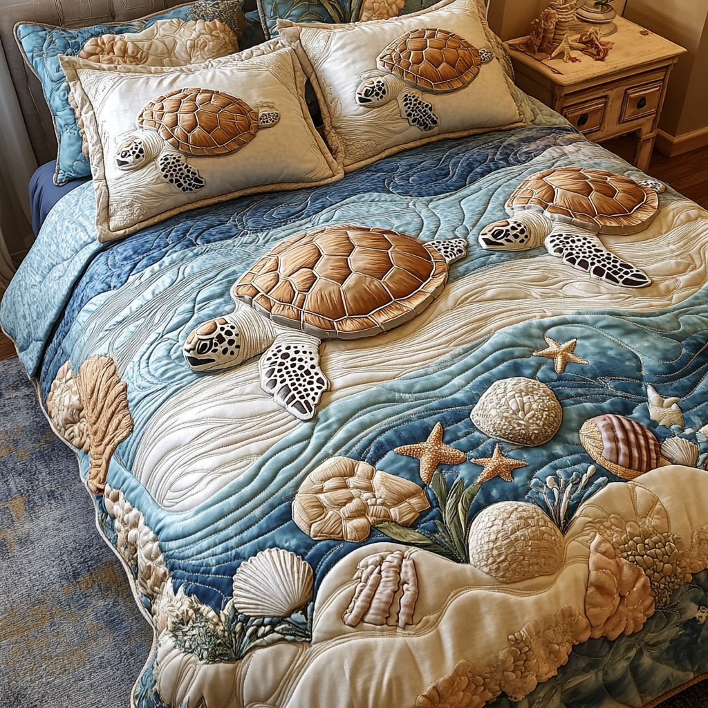 Turtle Paradise Quilted Bedding Set Cool Bedroom Decor Gifts For People Who Loves Sea Turtle