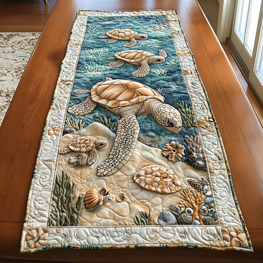 Turtle Paradise Quilted Table Runner Unique Table Runners Turtle Themed Gifts For Adults