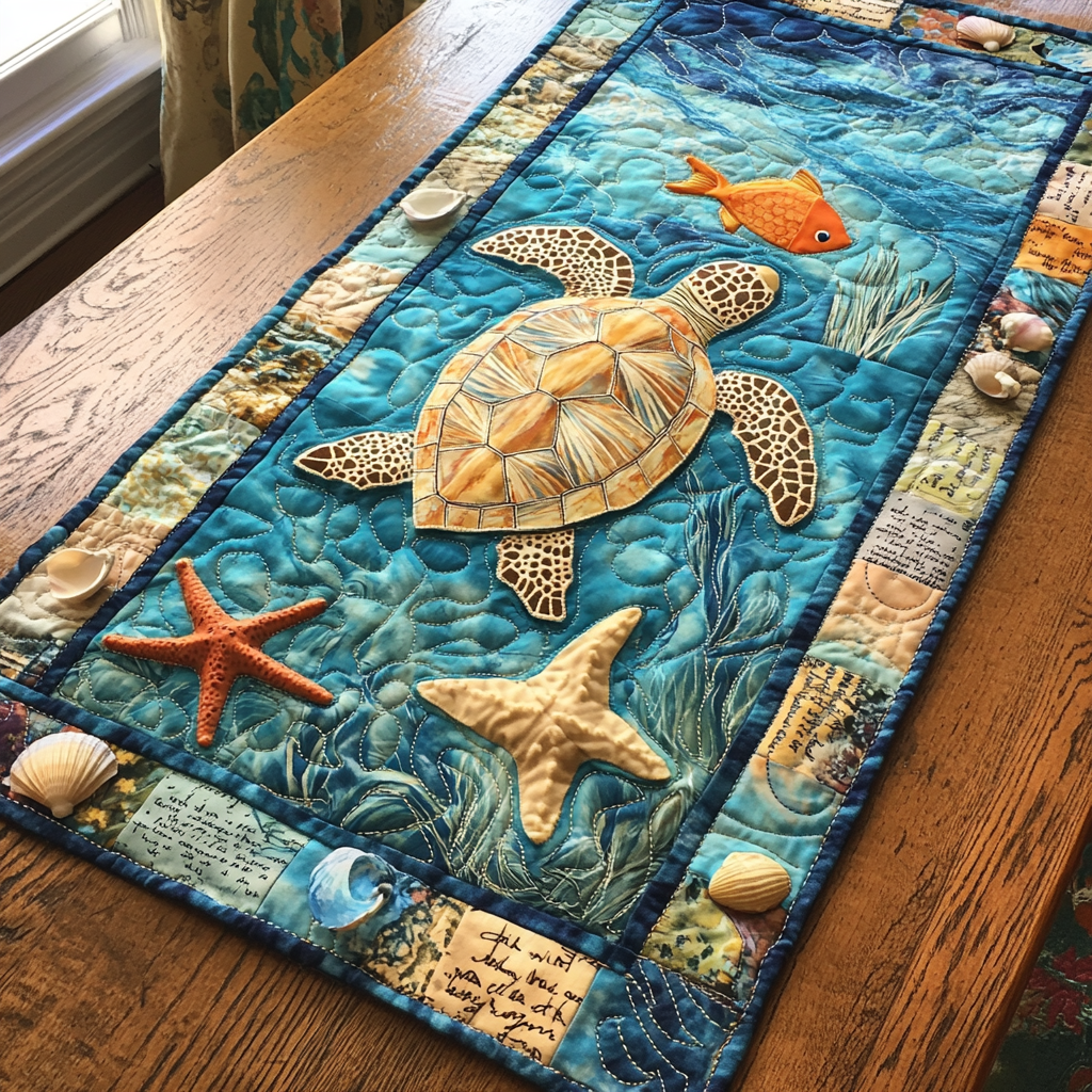 Turtle Path Quilted Table Runner Dinner Table Decor Cute Turtle Lover Gift Ideas