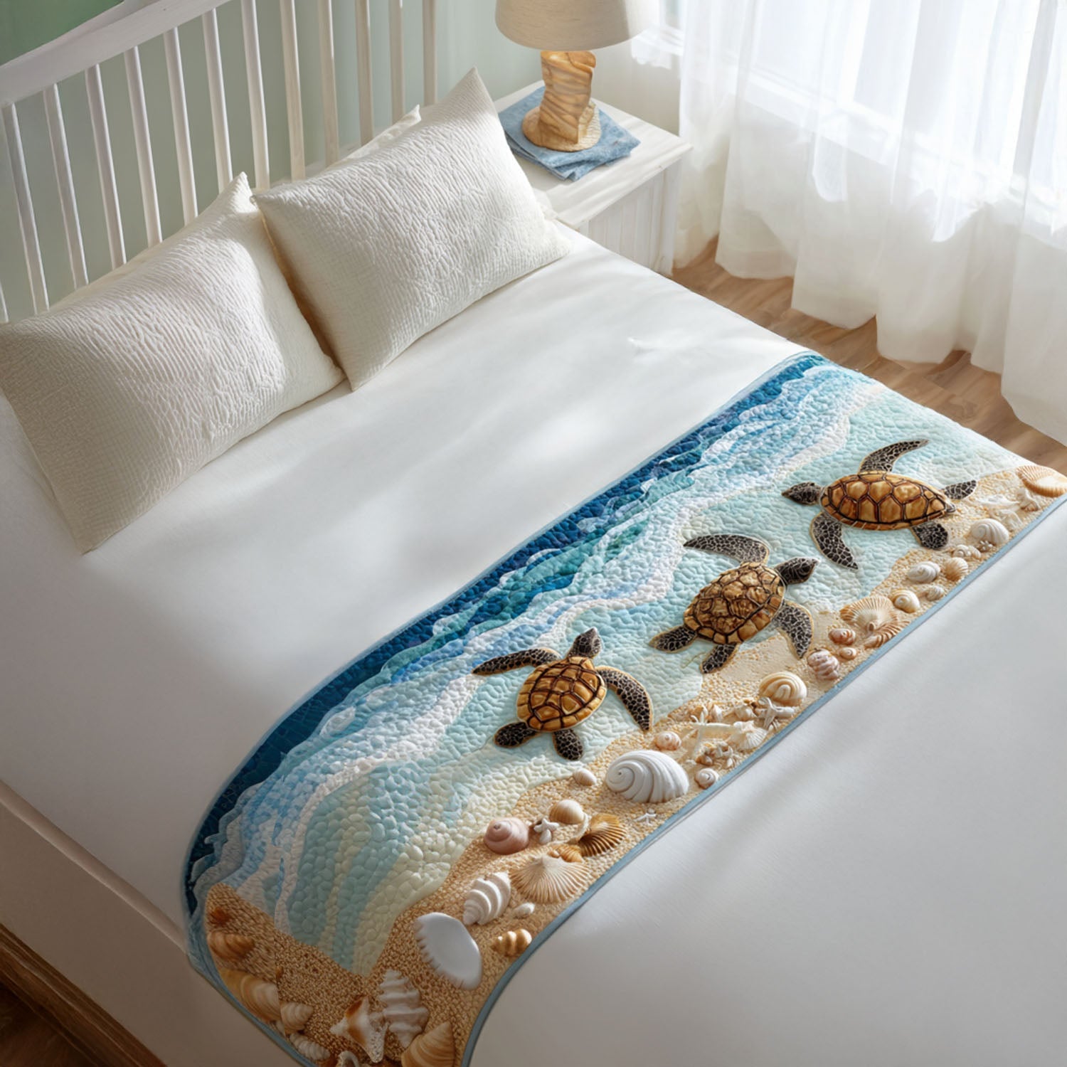 Turtle Pond Explorer Quilted Bed Runner Cool Bedroom Decor Sea Turtle Gifts For Mom