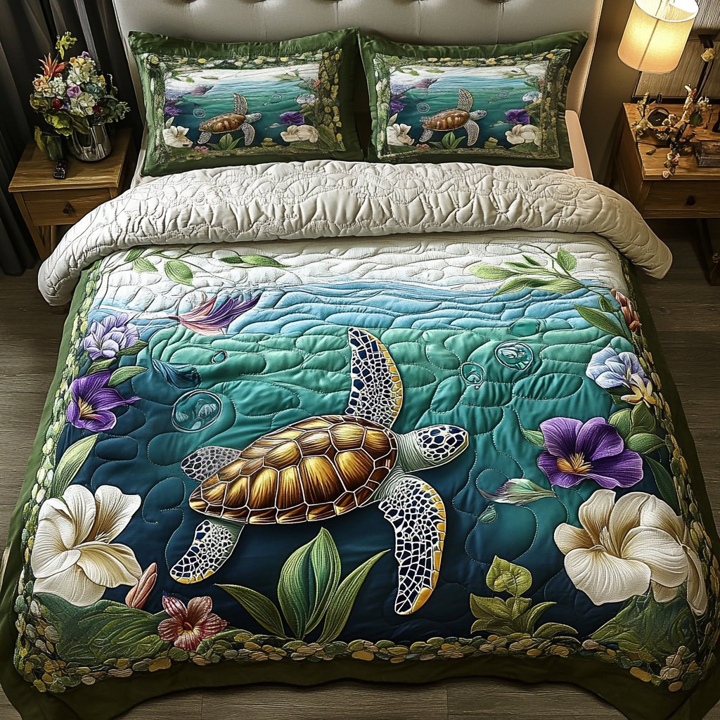 Turtle Quest Quilted Bedding Set Cute Room Decor Sea Turtle Gifts For Mom
