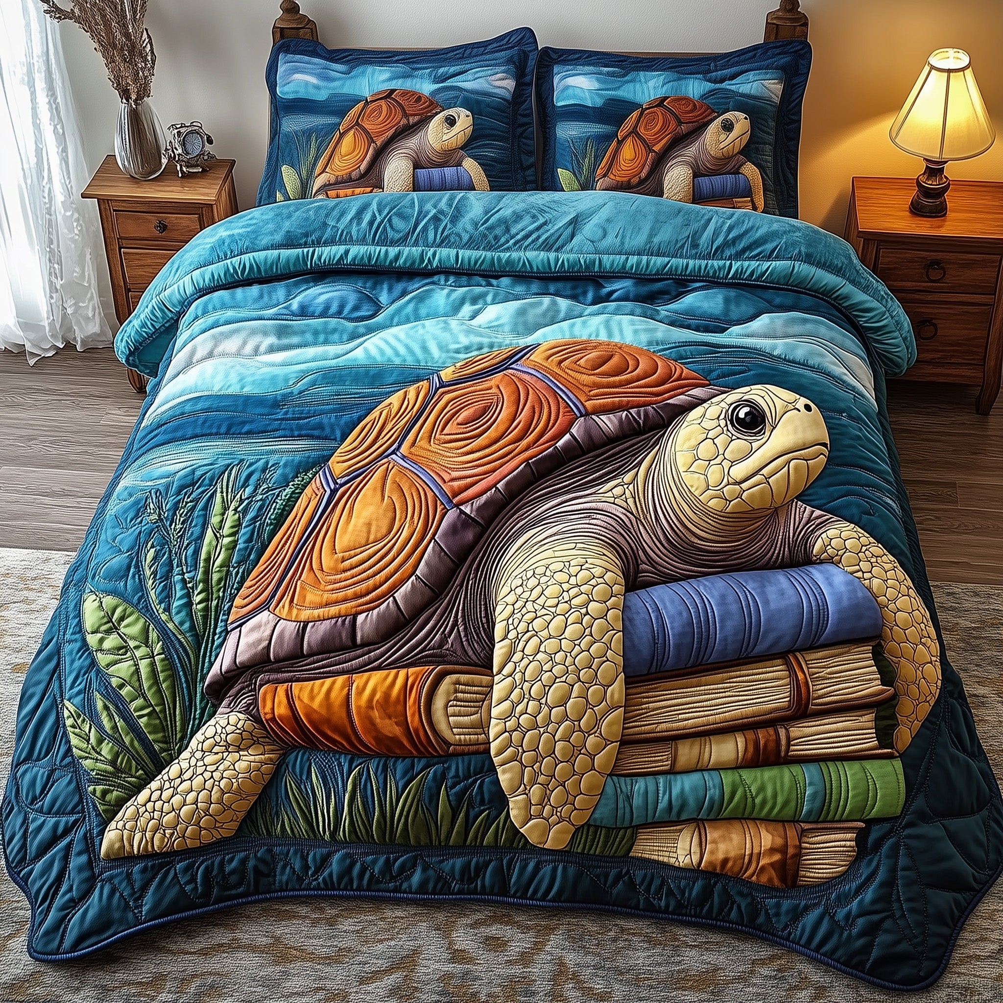 Turtle Quilted Bedding Set Duvet Cover Bedspread Sea Theme Gitfs For Friends