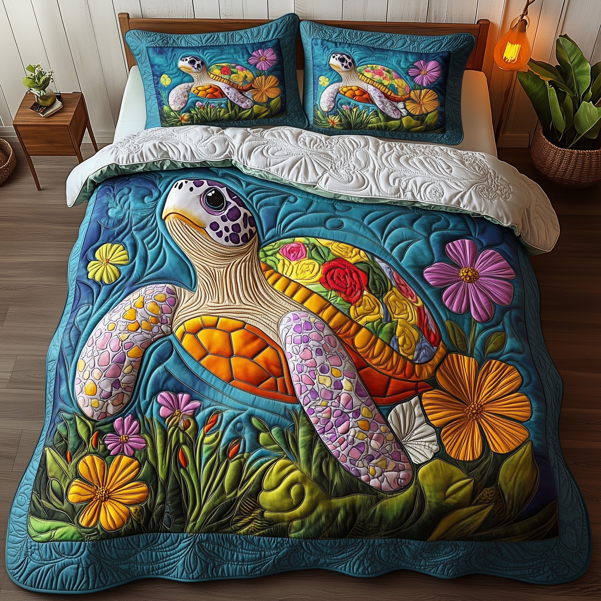 Turtle Quilted Bedding Set Floral Sea Turtle Pattern Animals Graphic Gift Ideas