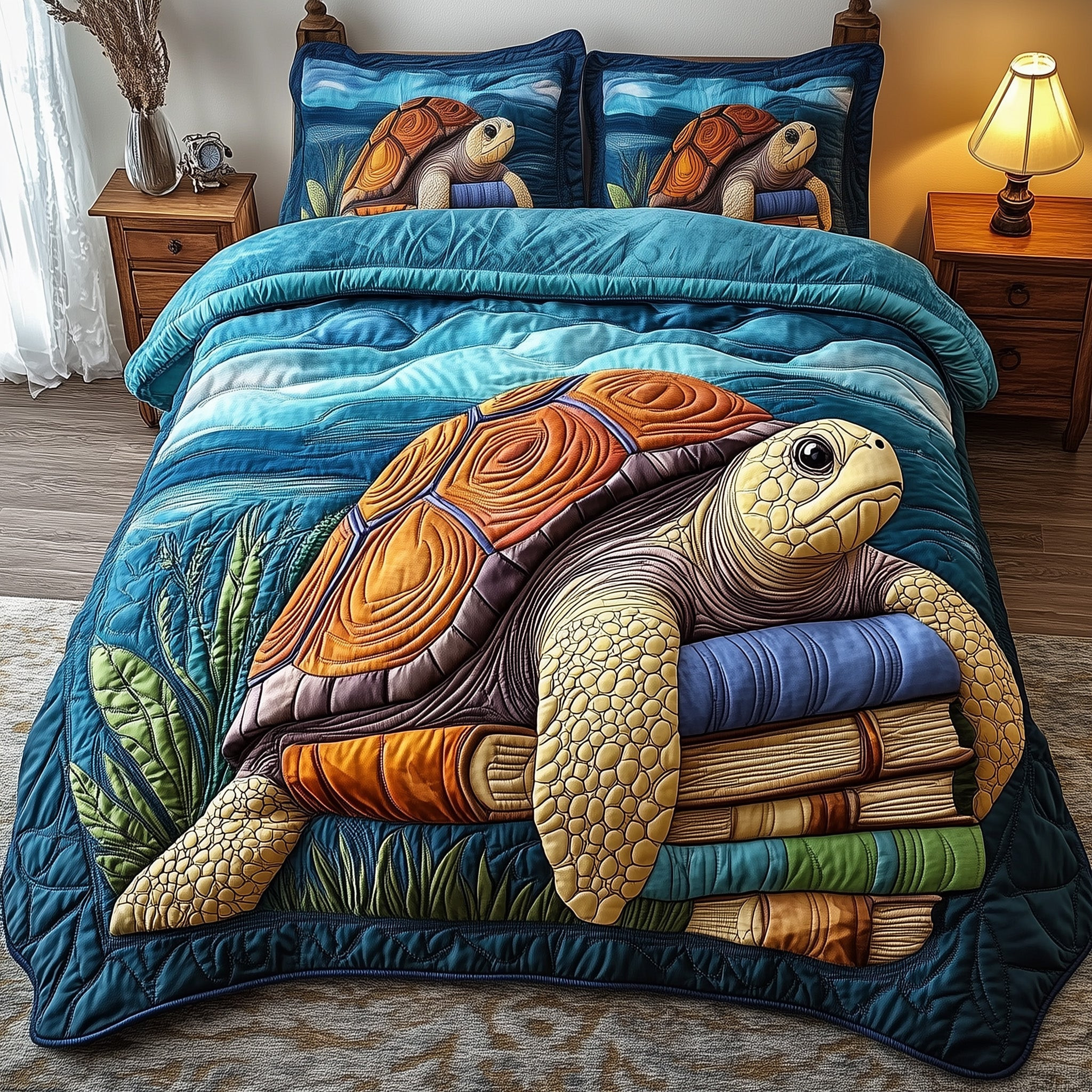 Turtle Quilted Bedding Set Sea Turtle Reading Books Marine Life Animals Gift Ideas