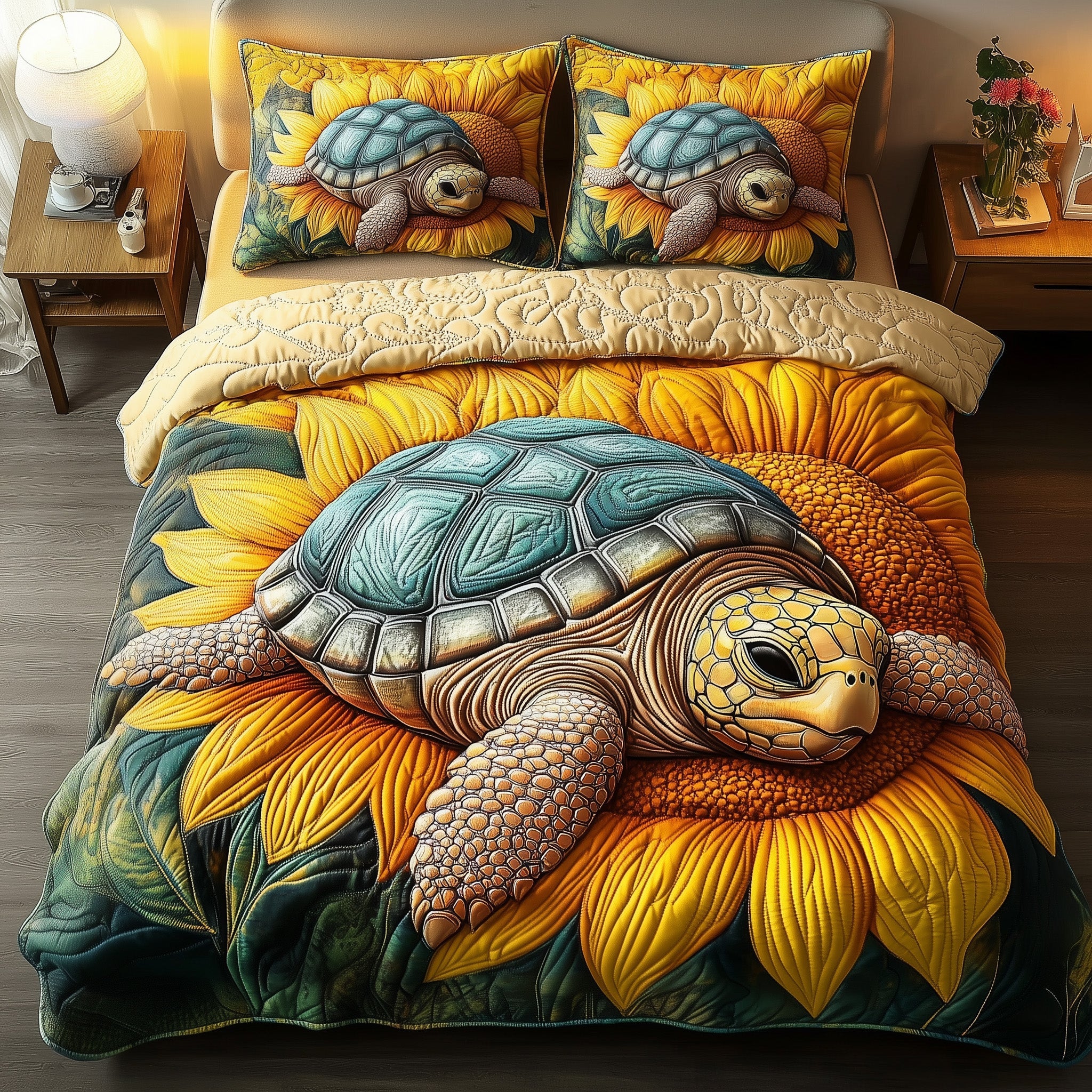 Turtle Quilted Bedding Set Sunflower Sea Turtle Pattern Animals Graphic Gift Ideas