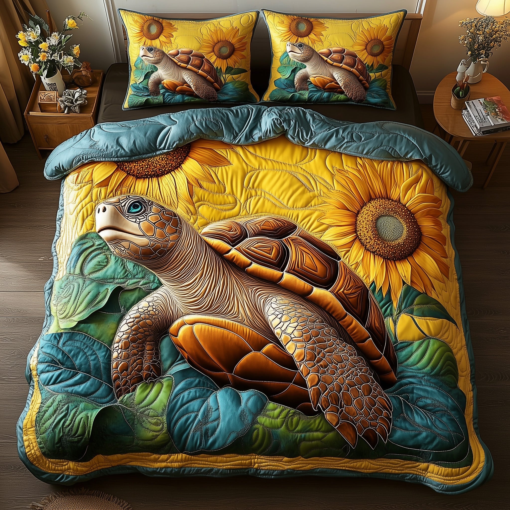 Turtle Quilted Bedding Set Turtle With Sunflowers Animals Graphic Gift Ideas
