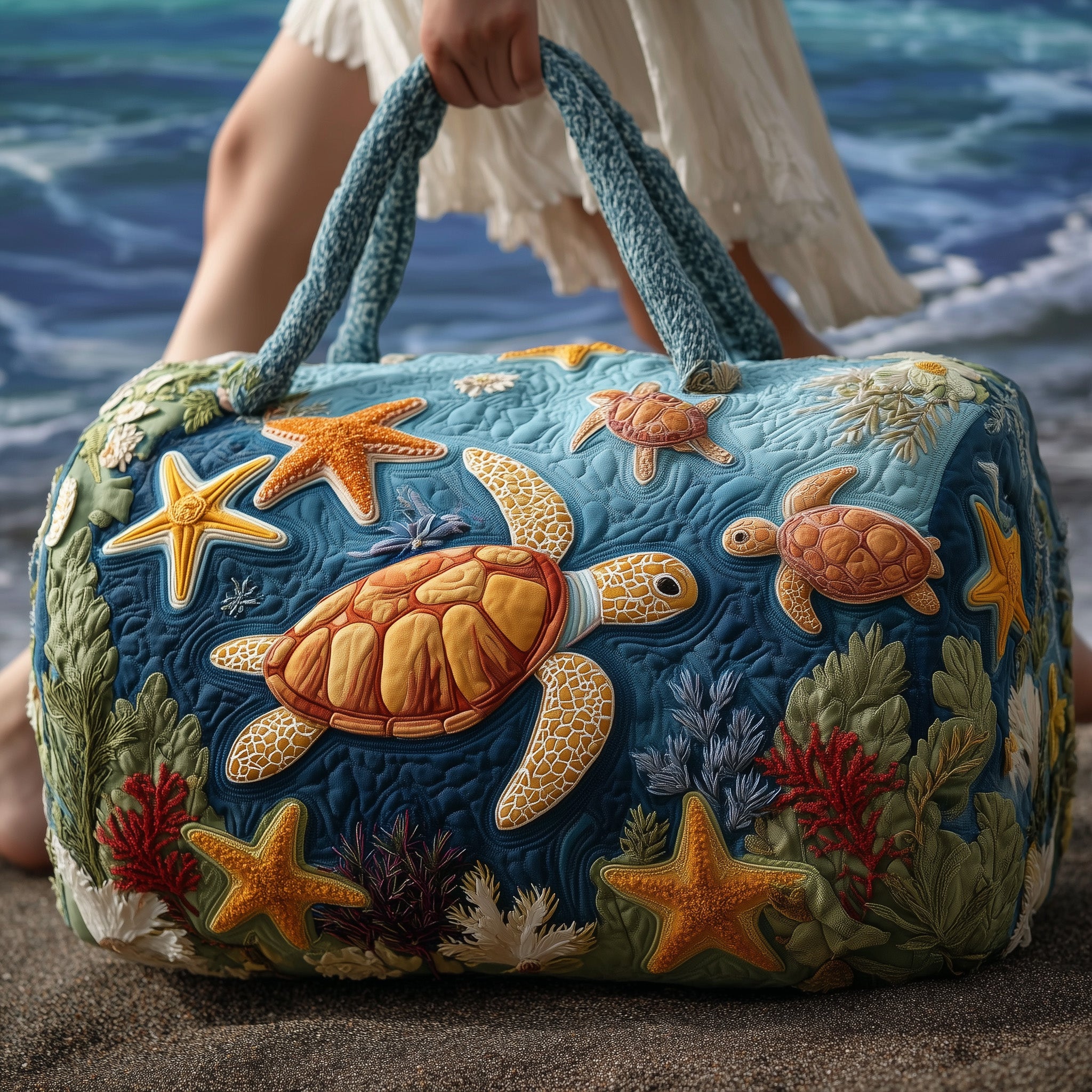Turtle Quilted Duffle Bag Organized Storage Pockets