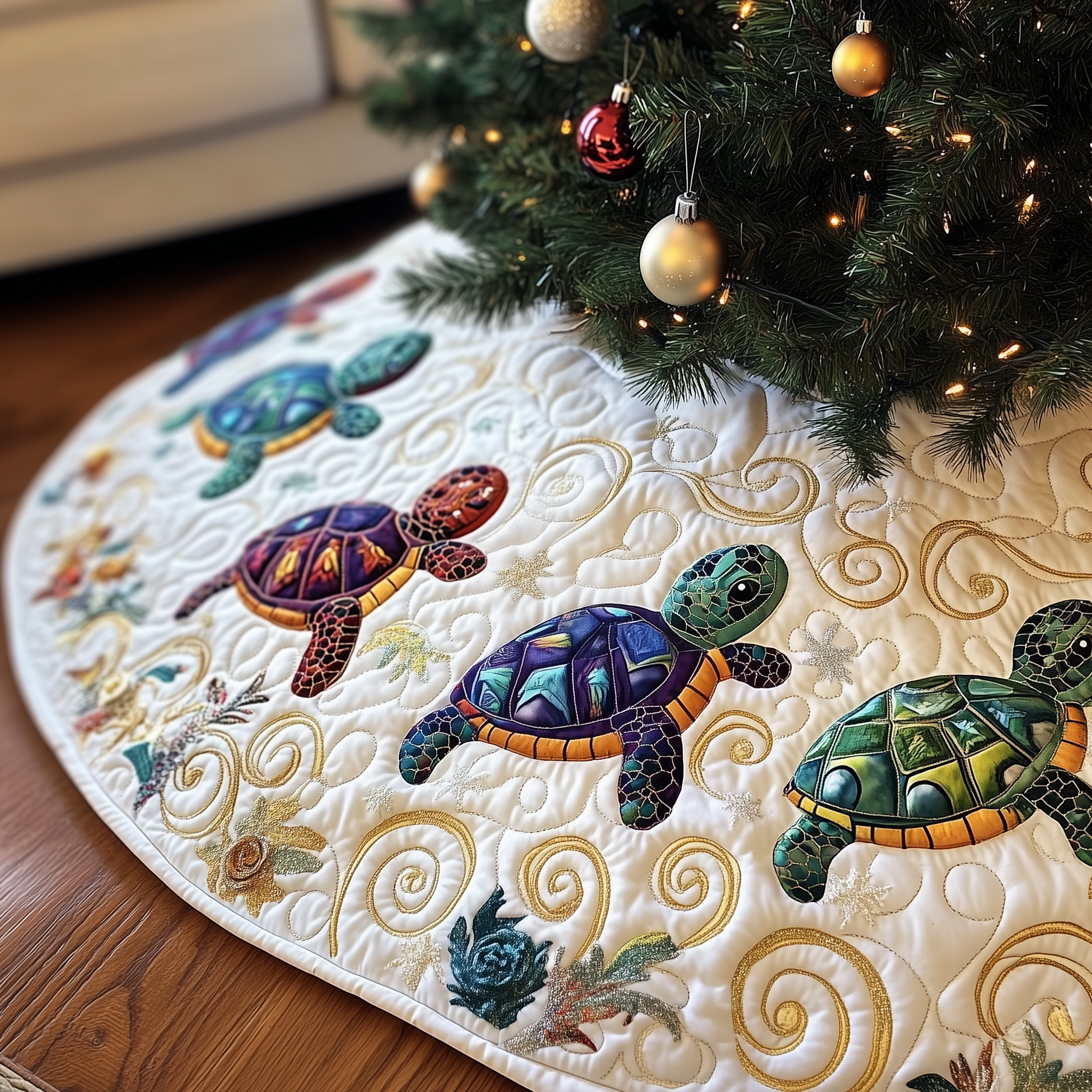 Turtle Quilted Tree Skirt Christmas Tree Bottom Cover Father Daughter Christmas Presents
