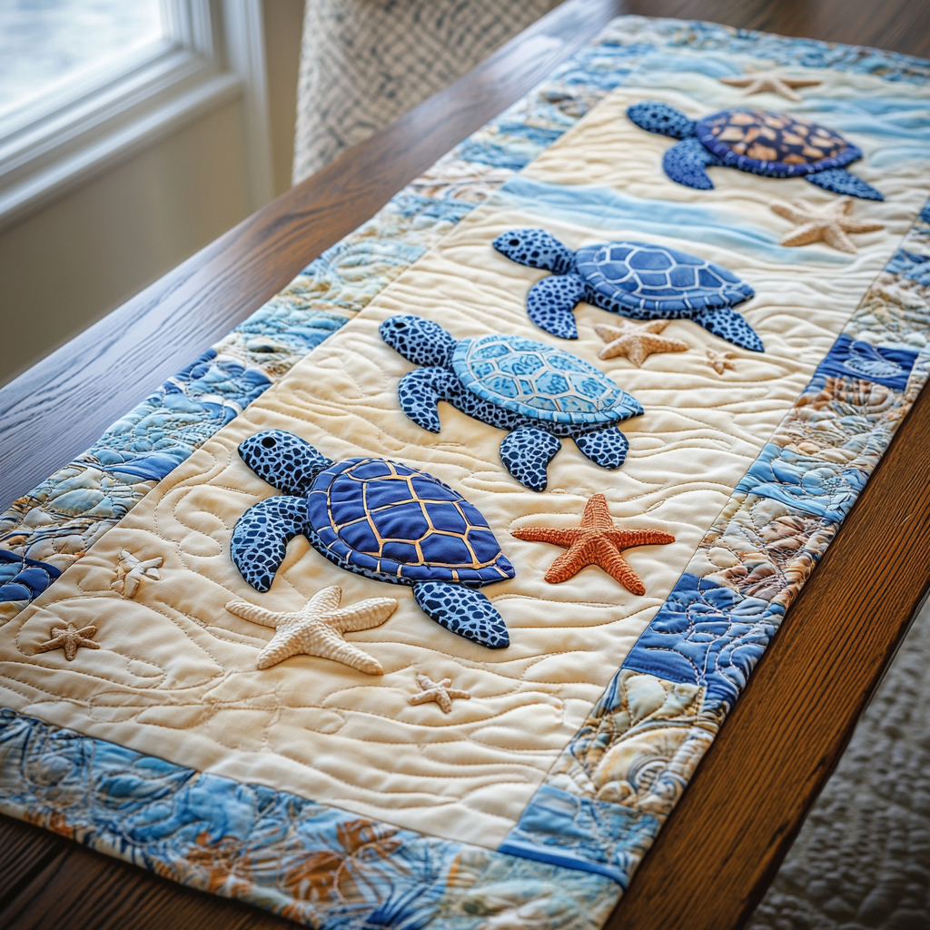Turtle Retreat Quilted Table Runner Ocean Themed Table Runners Gift For Turtle Lover
