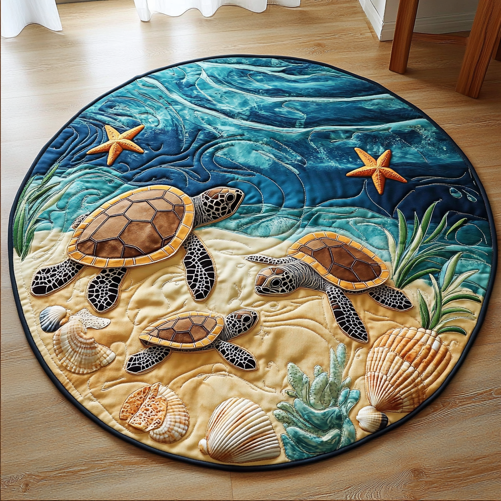 Turtle Shore Quilted Round Mat Christmas Entry Way Decor Cute Turtle Themed Gifts