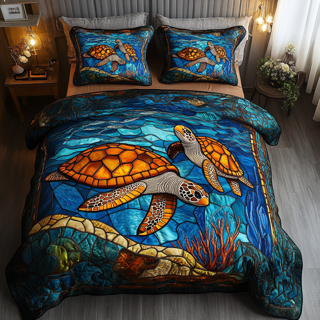 Turtle Tracks Quilted Bedding Set Unique Bed Sheet Set Sea Turtle Stuff